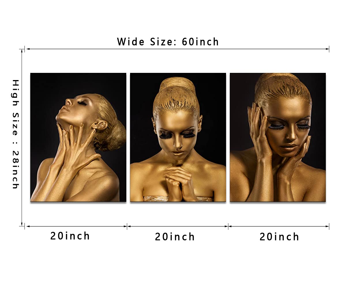 Black and Gold African Woman Canvas Wall Art - Set of 3 Framed Paintings (20