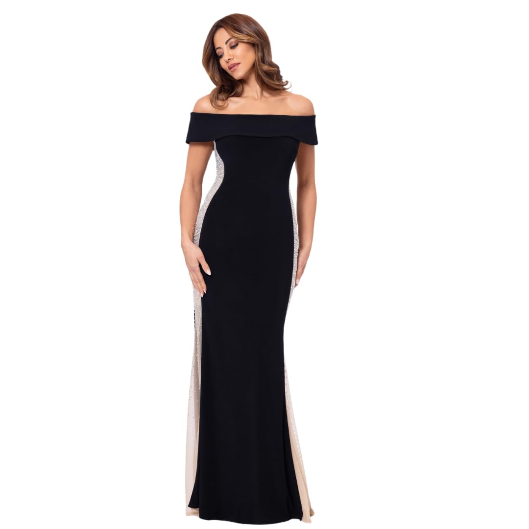 Xscape Women's Off The Shoulder Beaded Bodycon Formal Maxi Dress - Elegant Evening Gown for Prom, Wedding & Special Occasions