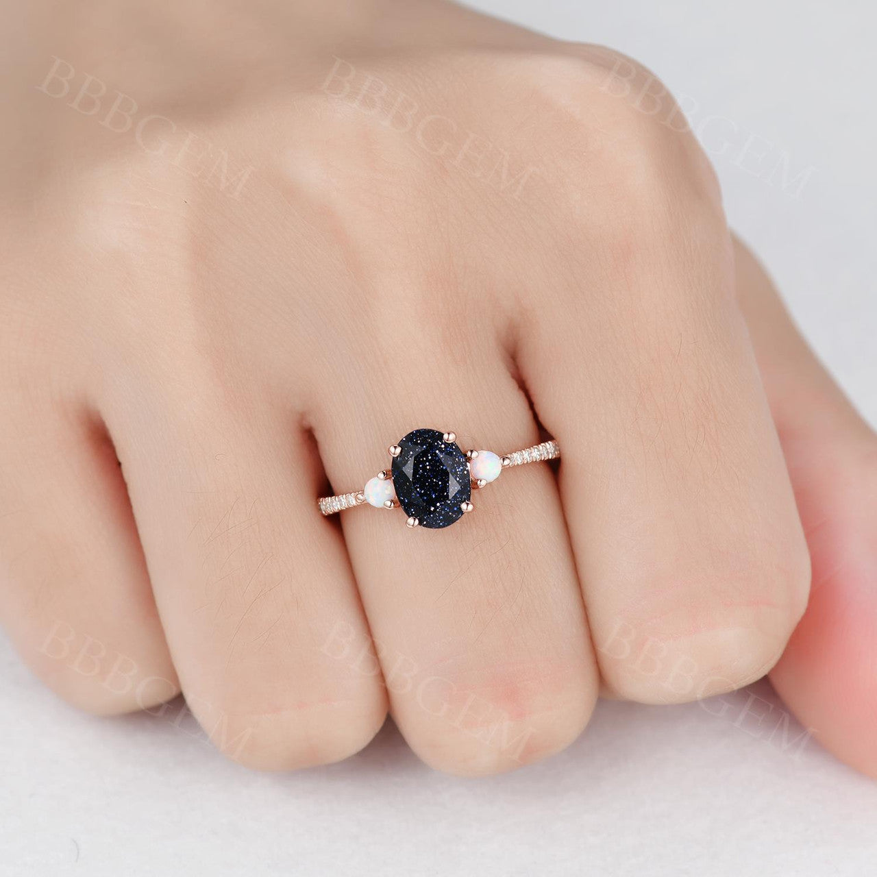 5x7mm Oval Cut Blue Sandstone Three Stone Engagement Ring - Half Eternity Diamond Wedding Band for Women - Perfect for Proposals, Anniversaries & Romantic Occasions