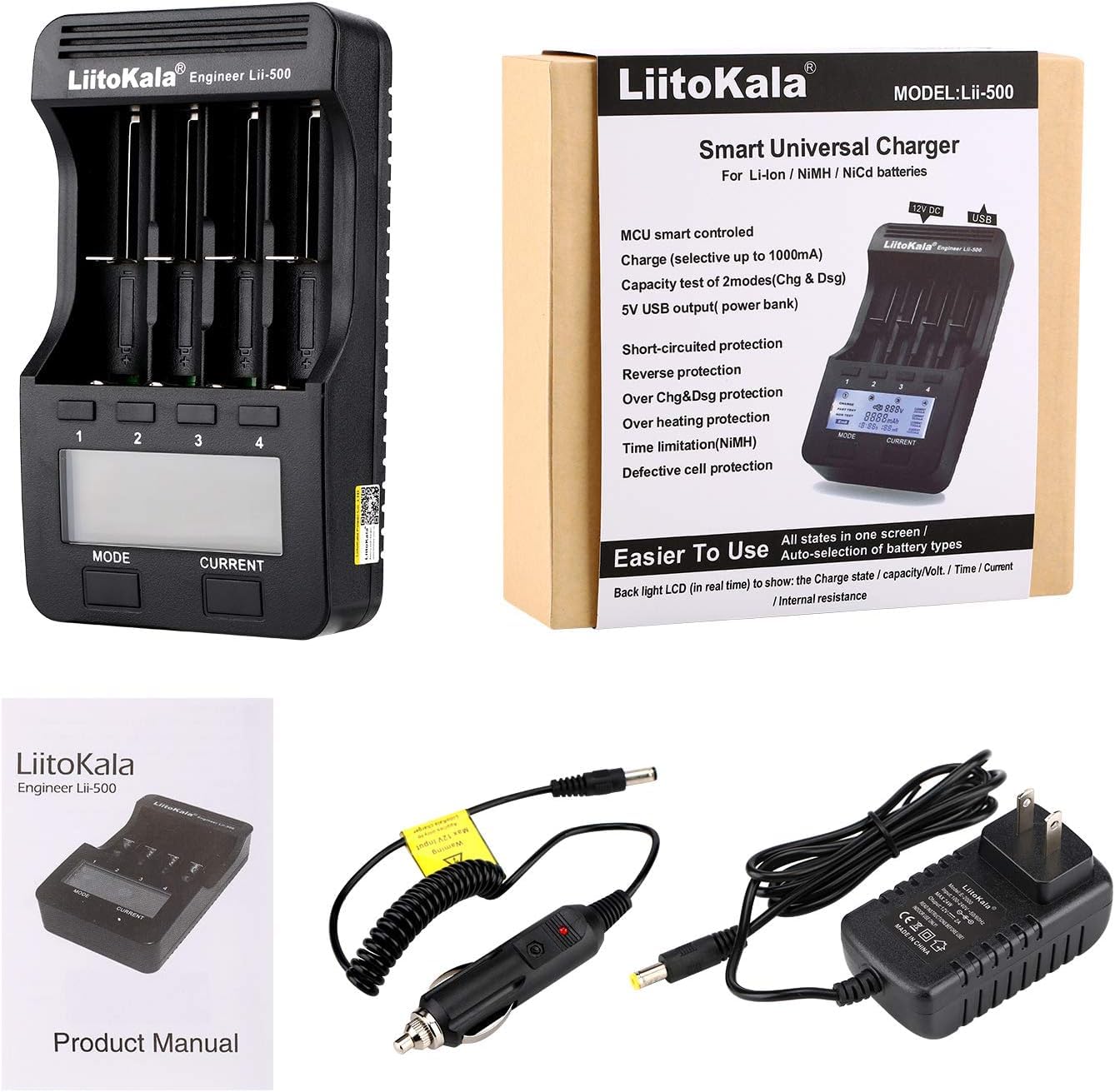 LiitoKala Lii-500 Smart Universal Battery Charger with LCD Display - Compatible with 18650, 26650, AA, AAA Batteries - Capacity Testing & Touch Button - Perfect for Home, Office, and Travel Use