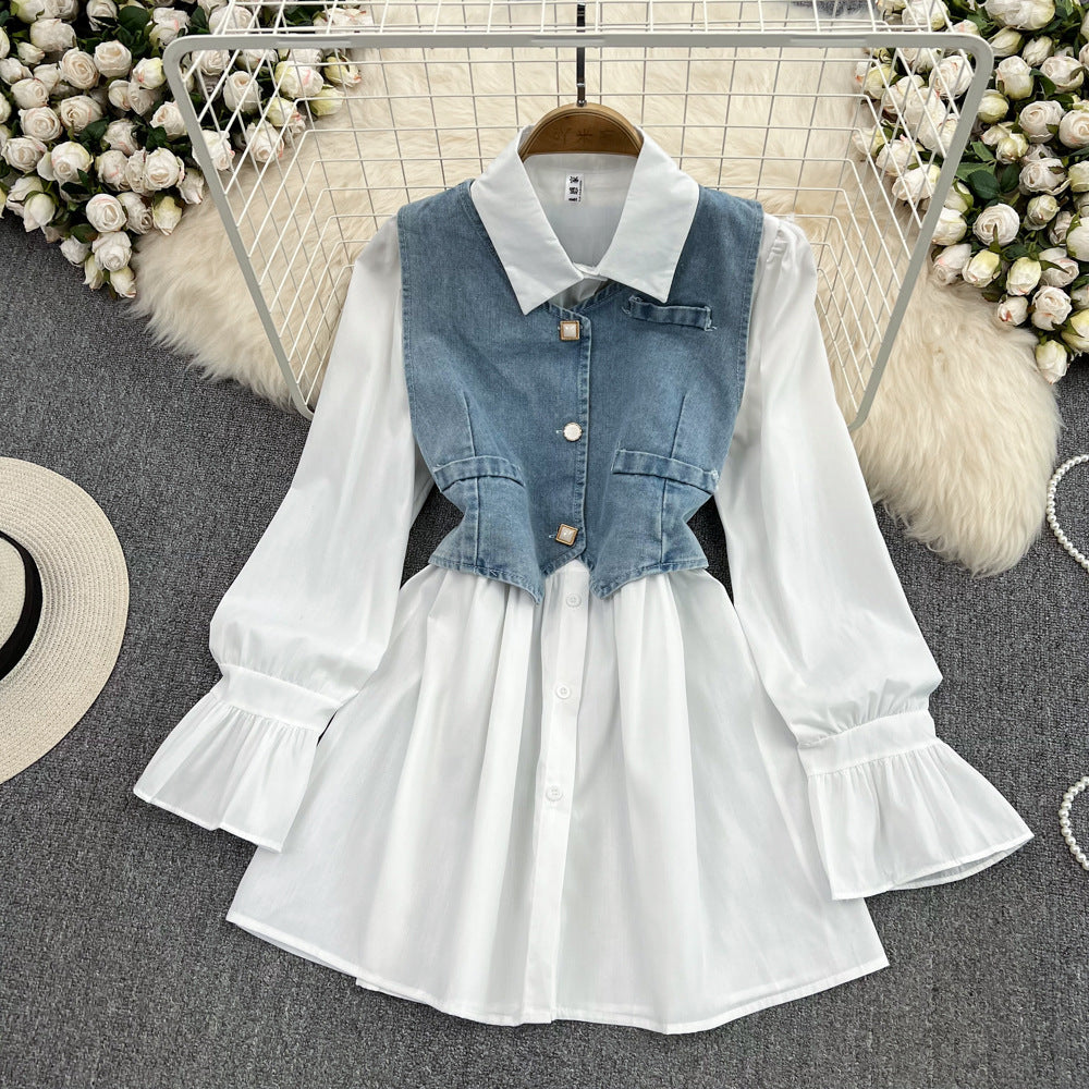 Women's Denim Vest Two-Piece Puff Sleeve A-Line Shirt Dress Set - Casual Long Sleeve Outfit for Spring/Fall, Date Night & Office Wear