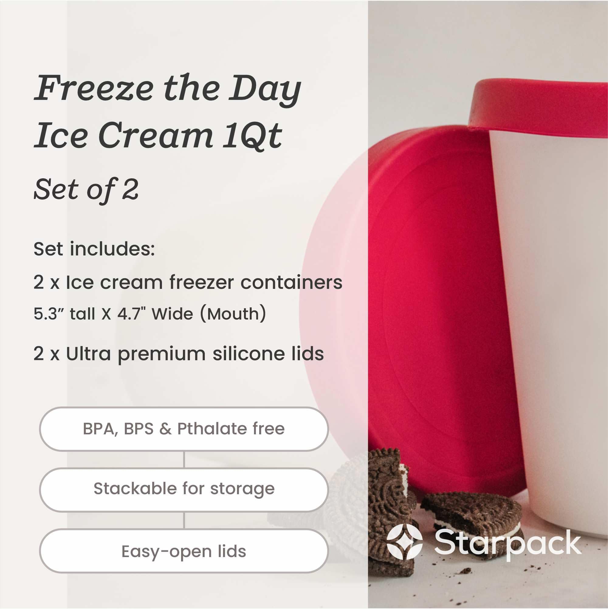 Starpack 'Freeze the Day' 1 Quart Ice Cream Storage Containers (2-Pack) - Reusable Freezer-Safe Containers with Leak-Proof Silicone Lids - Perfect for Homemade Ice Cream, Gelato, Sorbet & Frozen Desserts - Ideal for Meal Prep, Party Treats & Summer Snacks