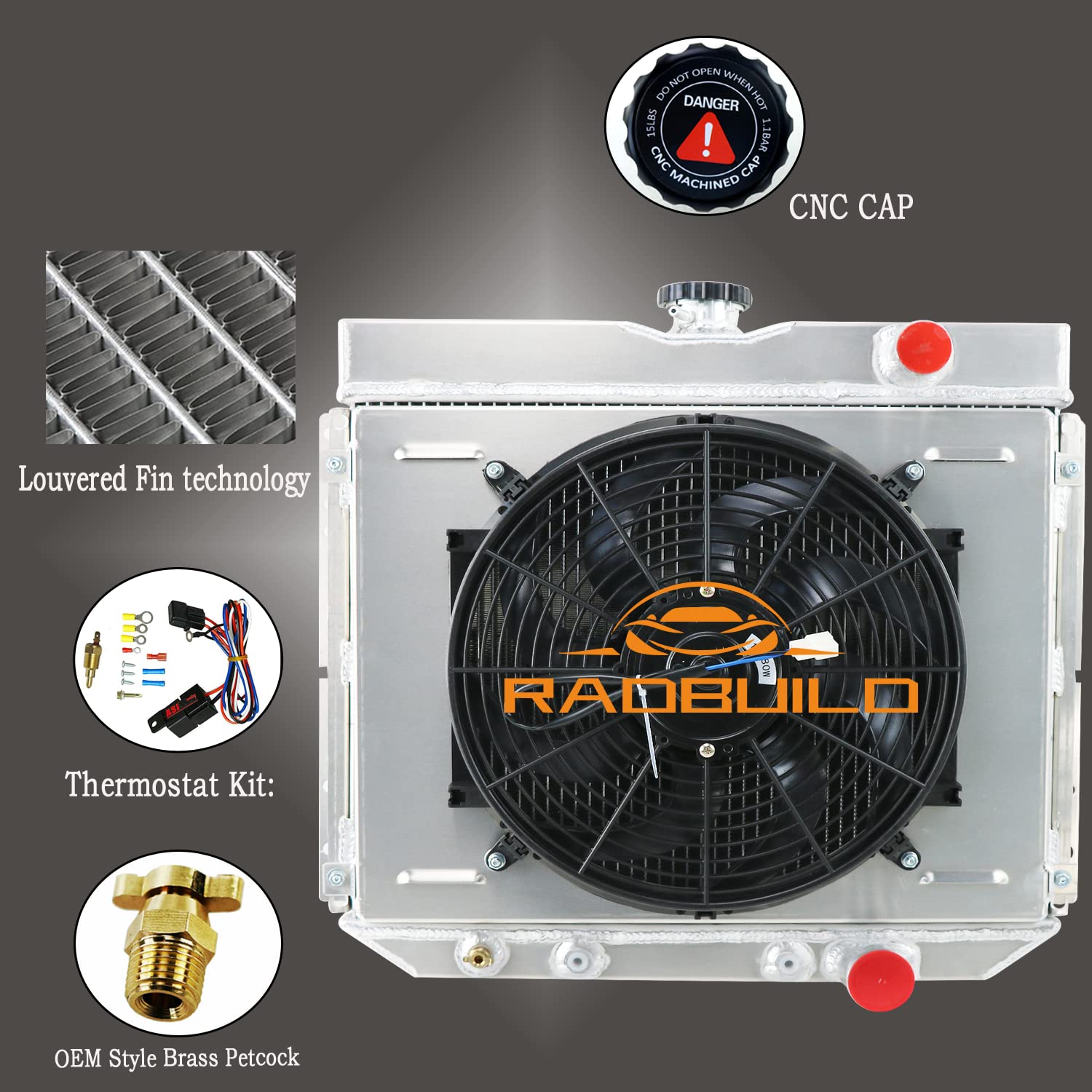 CU340 DPI340 Aluminum 4-Row Radiator for 63-70 Ford Mustang, Falcon, Fairlane, Torino, LTD, Mercury Cougar - Includes Shroud, 14