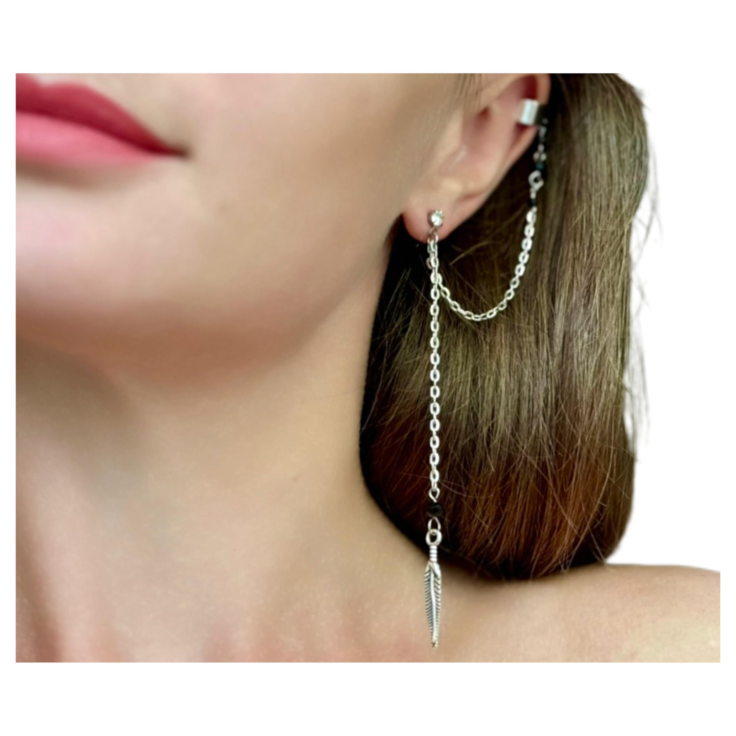 Handmade Silver Feather Charm Dangle Ear Cuffs - No Piercing Cartilage Earrings Set with Leaf Design | Boho Chic Jewelry for Women, Perfect for Parties, Weddings & Everyday Wear