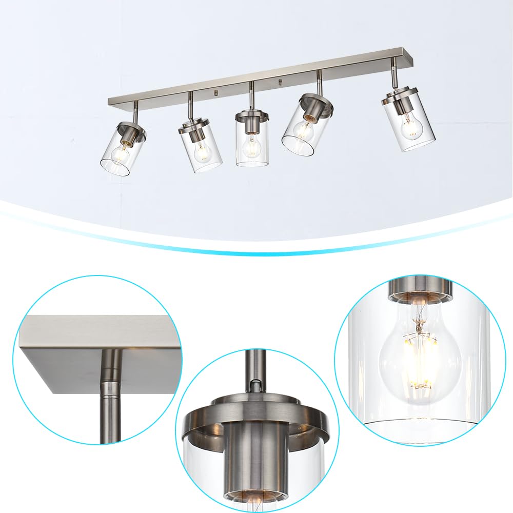 BONLICHT Modern 5-Light Adjustable Track Lighting Fixture - Brushed Nickel Semi Flush Mount Ceiling Light with Clear Glass Shade - Perfect for Kitchen, Vanity Mirror, and Industrial Indoor Wall Lighting