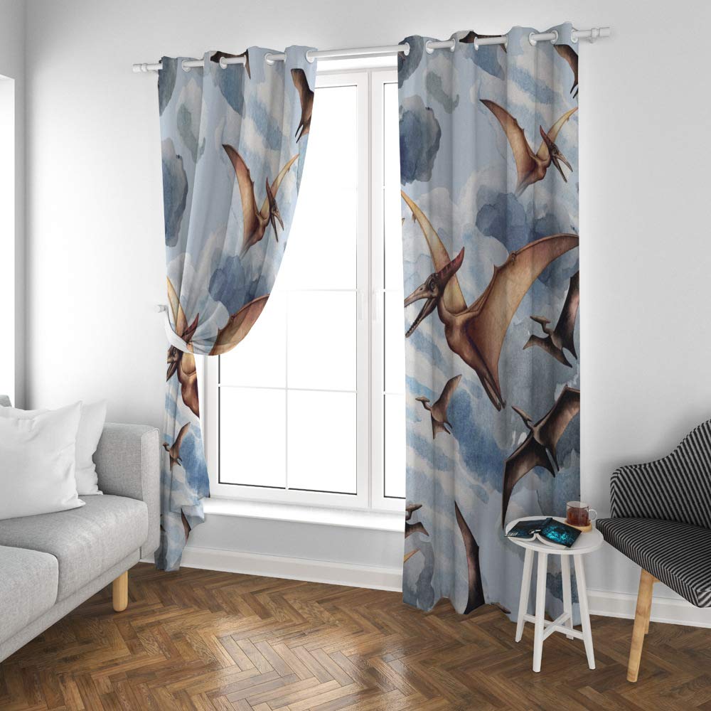 Kuizee Blackout Curtains 84×55 Inch - Sun Blocking Watercolor Pterodactyl Dinosaur Print Grommet Top Window Drapes for Living Room & Bedroom (2 Panels) | Thermal Insulated Noise Reducing for All Seasons | Perfect for Nursery, Home Theater & Light Sleepers