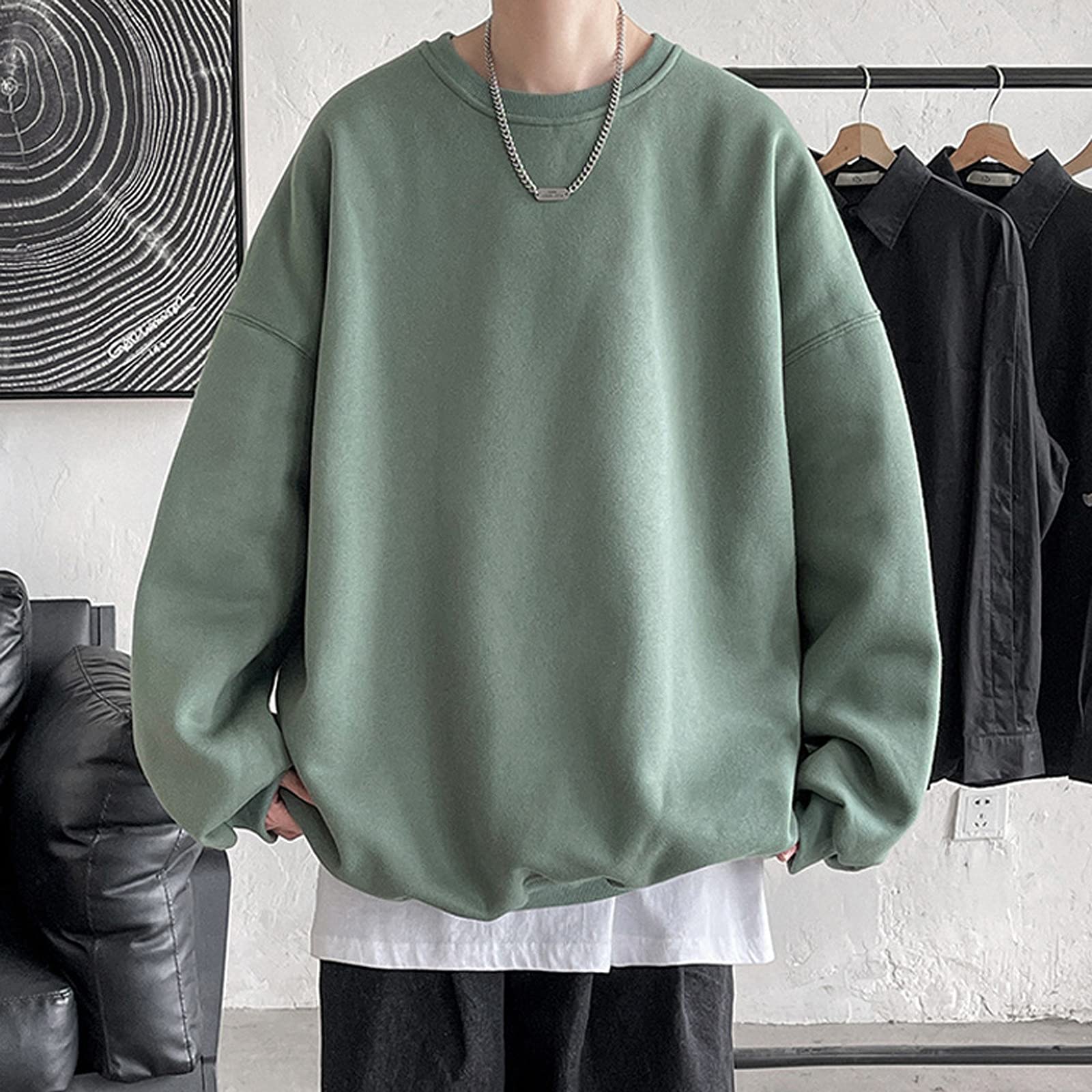 Men's Casual Solid Color Drop Shoulder Hoodie - Gray Round Neck Sweatshirt for Everyday Wear & Street Style Fashion