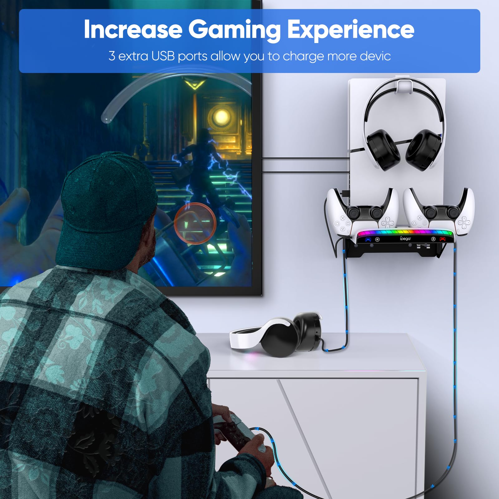 PS5 Slim/PS5 Gaming Console RGB Wall Mount Stand with Charging Station - Stable Metal Bracket for Controller Charger, Headset Holder & 3 USB Hubs (PS5 Slim Pro Disc & Digital Edition) - Perfect for Gaming Setup & Space Saving Organization