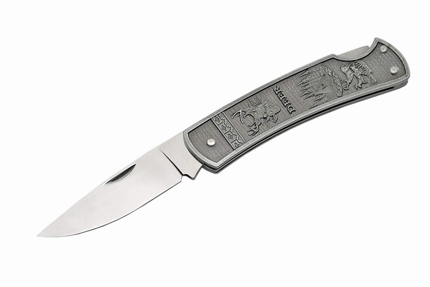 Szco Supplies 211181-DE Deer Embossed Folding Knife - Stainless Steel Pocket Knife with Wood Handle - Perfect for Camping, Hunting & Outdoor Adventures