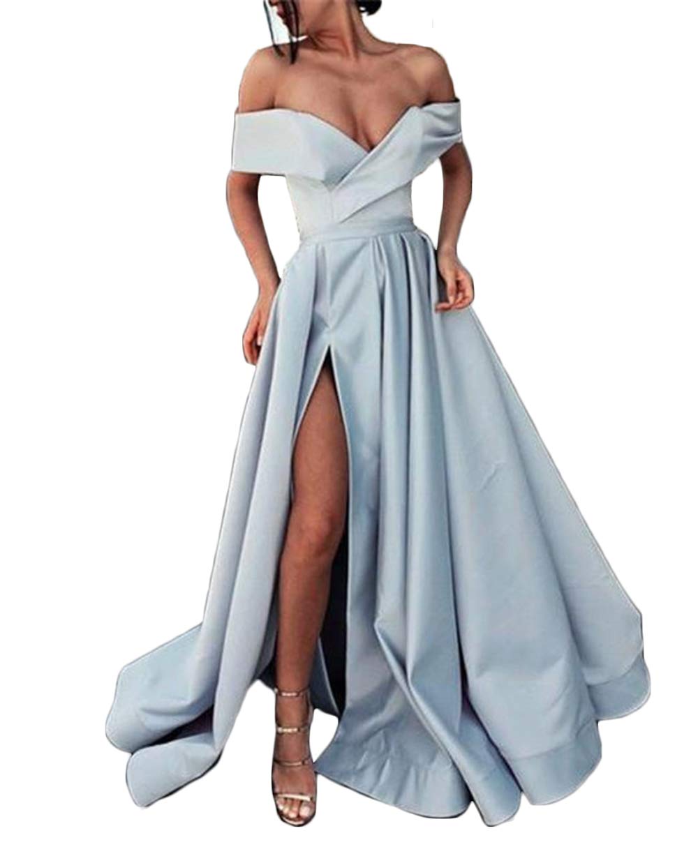 Elegant Women's Off Shoulder High Slit Long Prom Evening Dress with Pockets - Perfect for Formal Events, Parties & Special Occasions