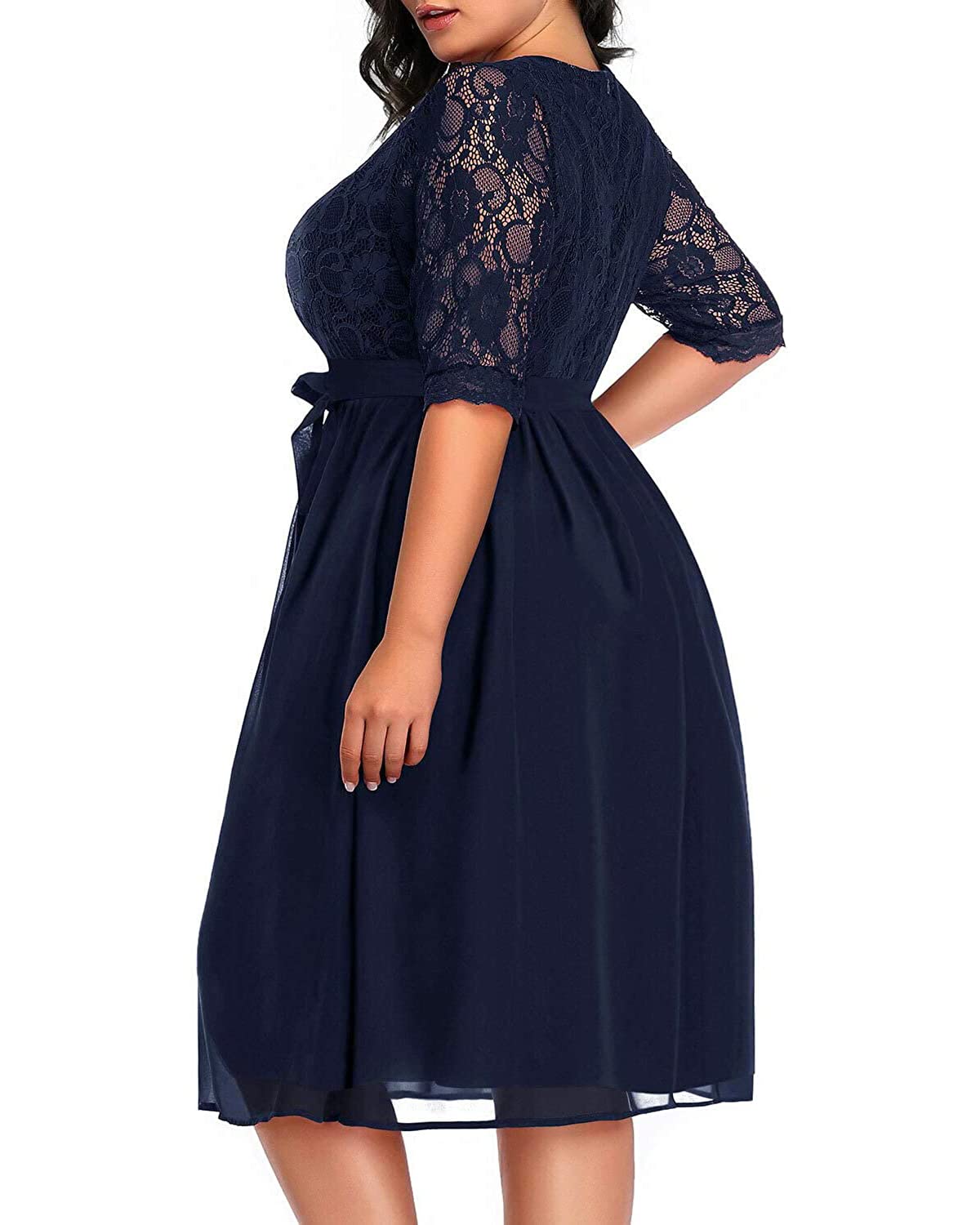 Plus Size Lace Chiffon Wrap V-Neck Midi Dress for Women - Elegant Cocktail & Wedding Guest Dress - Perfect for Parties, Date Nights & Special Occasions
