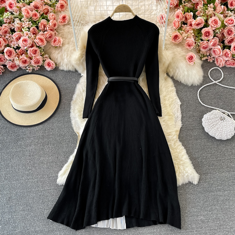 Elegant Black Long Sleeve Knitted Pleated Maxi Dress for Women - Fall Winter Swing Dress with Flowy Skirt | Perfect for Office, Date Night, and Holiday Parties