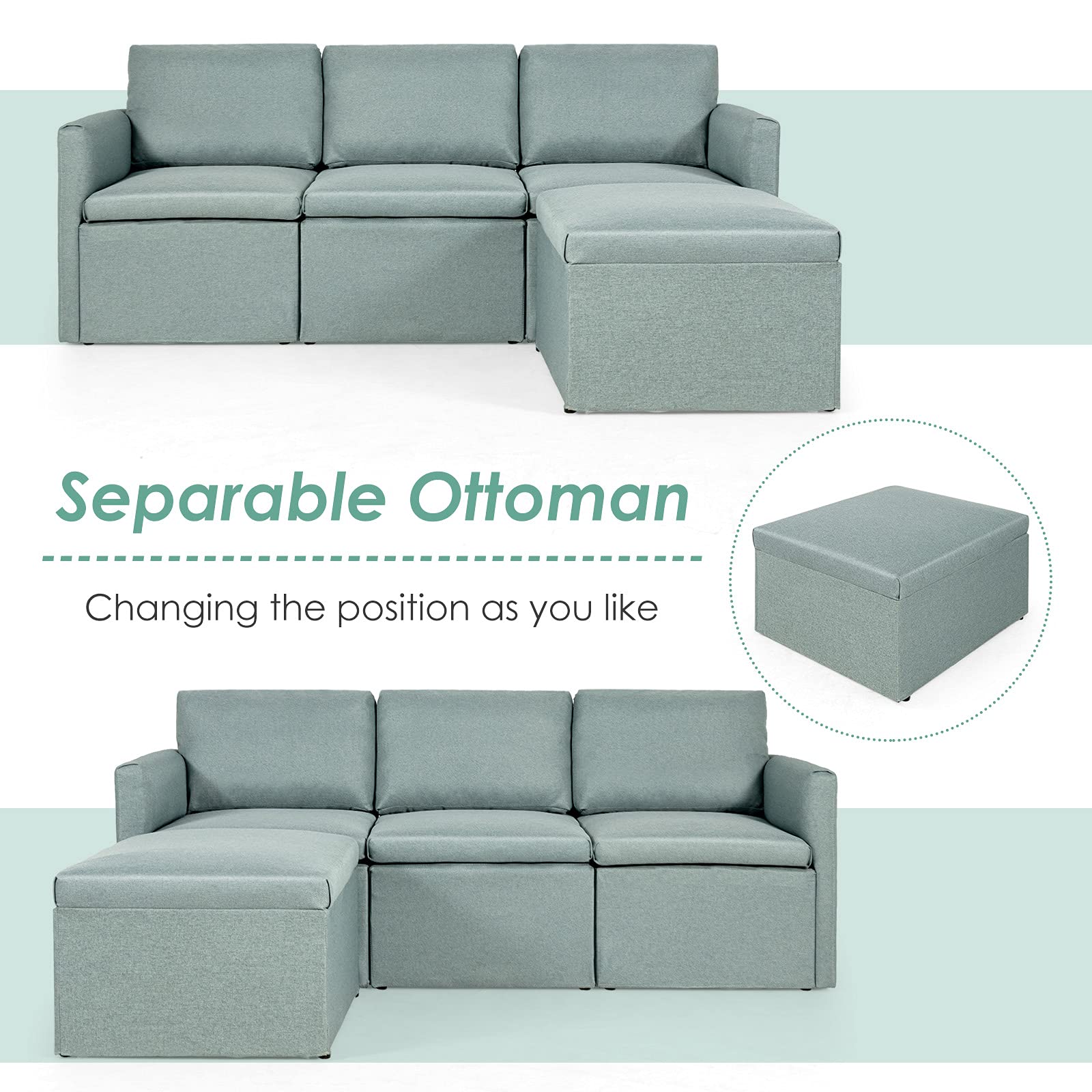 Powerstone Convertible Sectional Sofa - Modern L-Shaped Sleeper Couch with Reversible Chaise, 3-Seat Fabric Sofa Set in Green Linen | Space-Saving Living Room Furniture for Apartments & Small Spaces | Perfect for Lounging, Entertaining & Overnight Guests