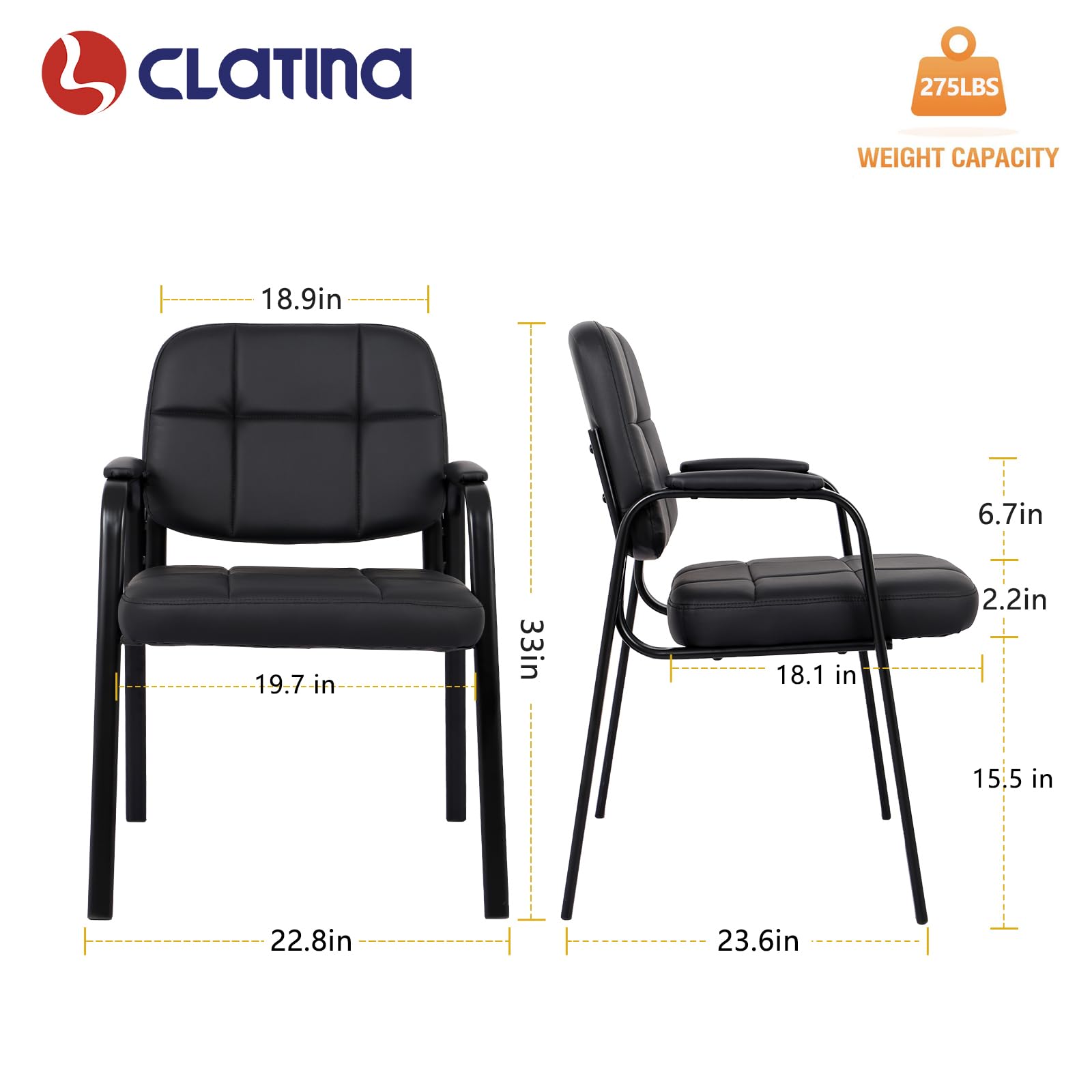 CLATINA Leather Office Guest Chair - Padded Arm Reception Chair for Conference Room, Waiting Area & Desk - No Wheels Ergonomic Seating for Office, Hotel & Business - Set of 1 - Perfect for Lobby, Reception & Visitor Areas