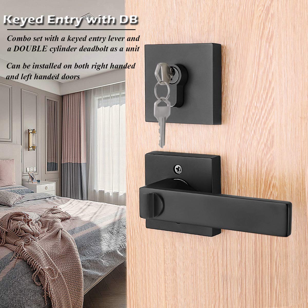 Gobrico Matte Black Entry Door Lever with Double Deadbolt Lockset - Keyed Both Sides, Square Front Entrance Door Hardware with Lock & Keys (Keyed Alike) | Secure Home, Office & Commercial Spaces