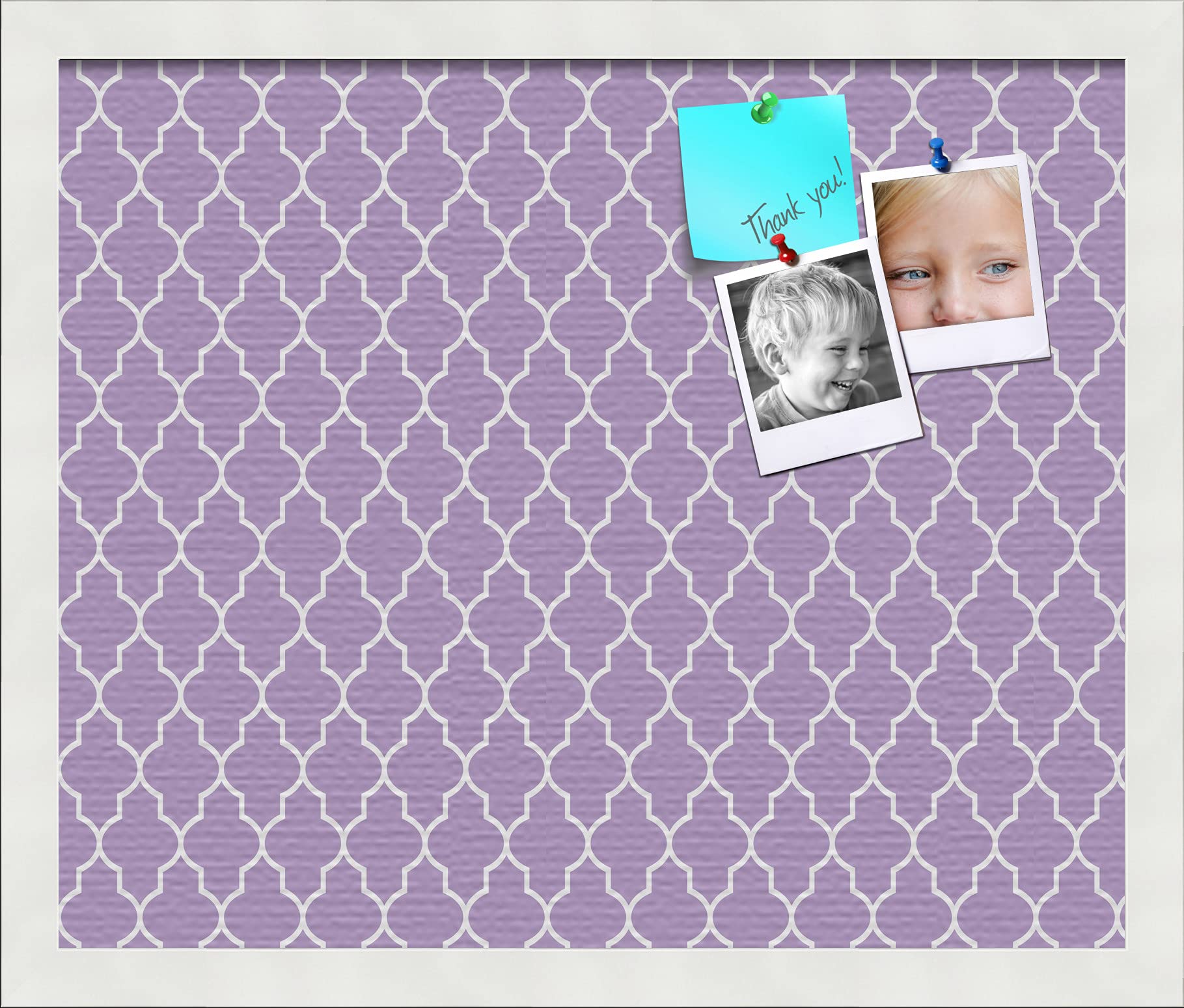Custom 18x15 Quatrefoil Light Purple Cork Bulletin Board with Canvas Photo Board - Satin White Frame for Home, Office & Dorm Decor | PinPix-489 | Perfect for Memos, Photos & Inspirational Displays