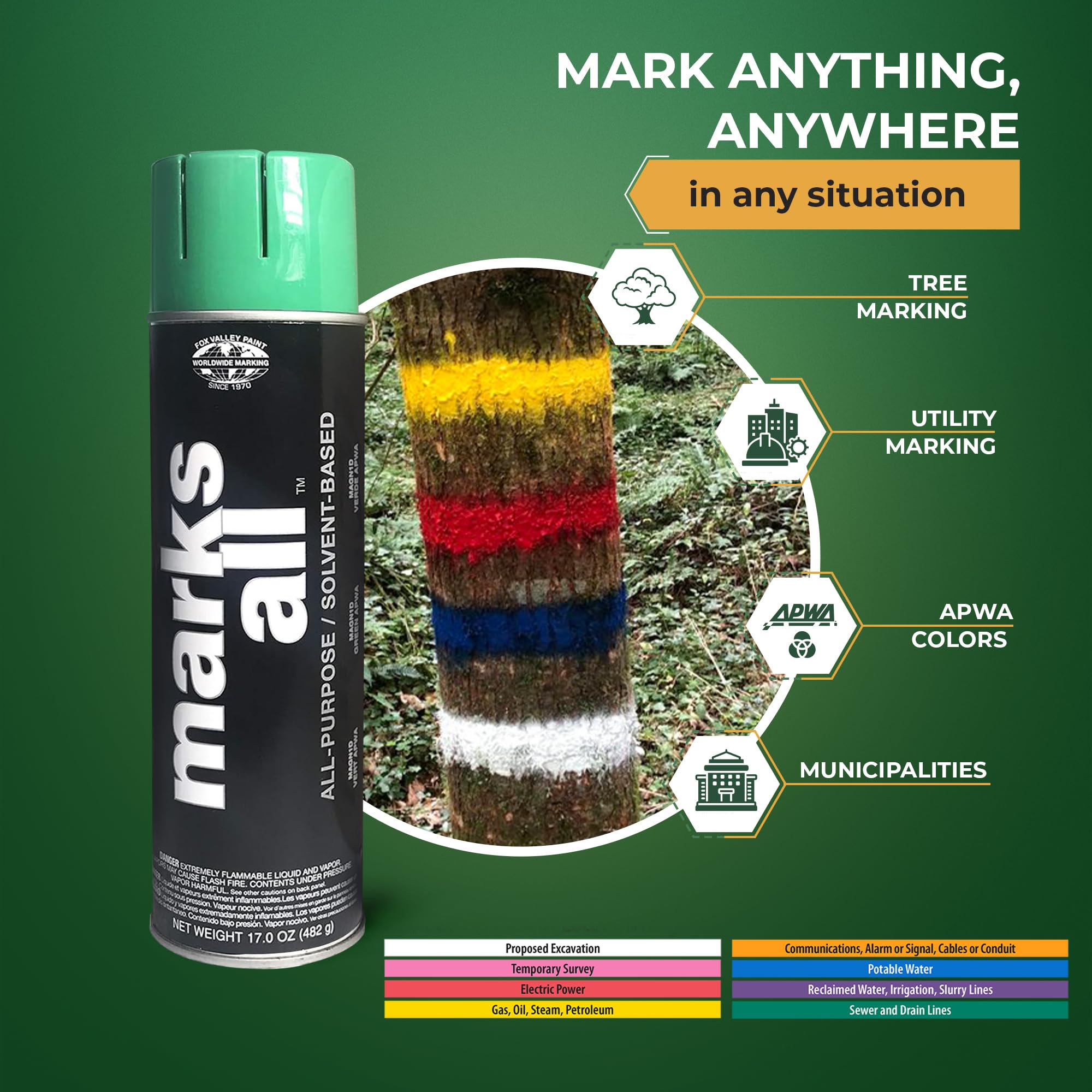 Fox Valley Marks All Utility Marking Paint Spray Can - 18 oz (Pack of 12) Green APWA | Easy Use Lawn, Tree, Driveway & Parking Lot Marking Paint | Perfect for Landscaping, Construction & Property Maintenance