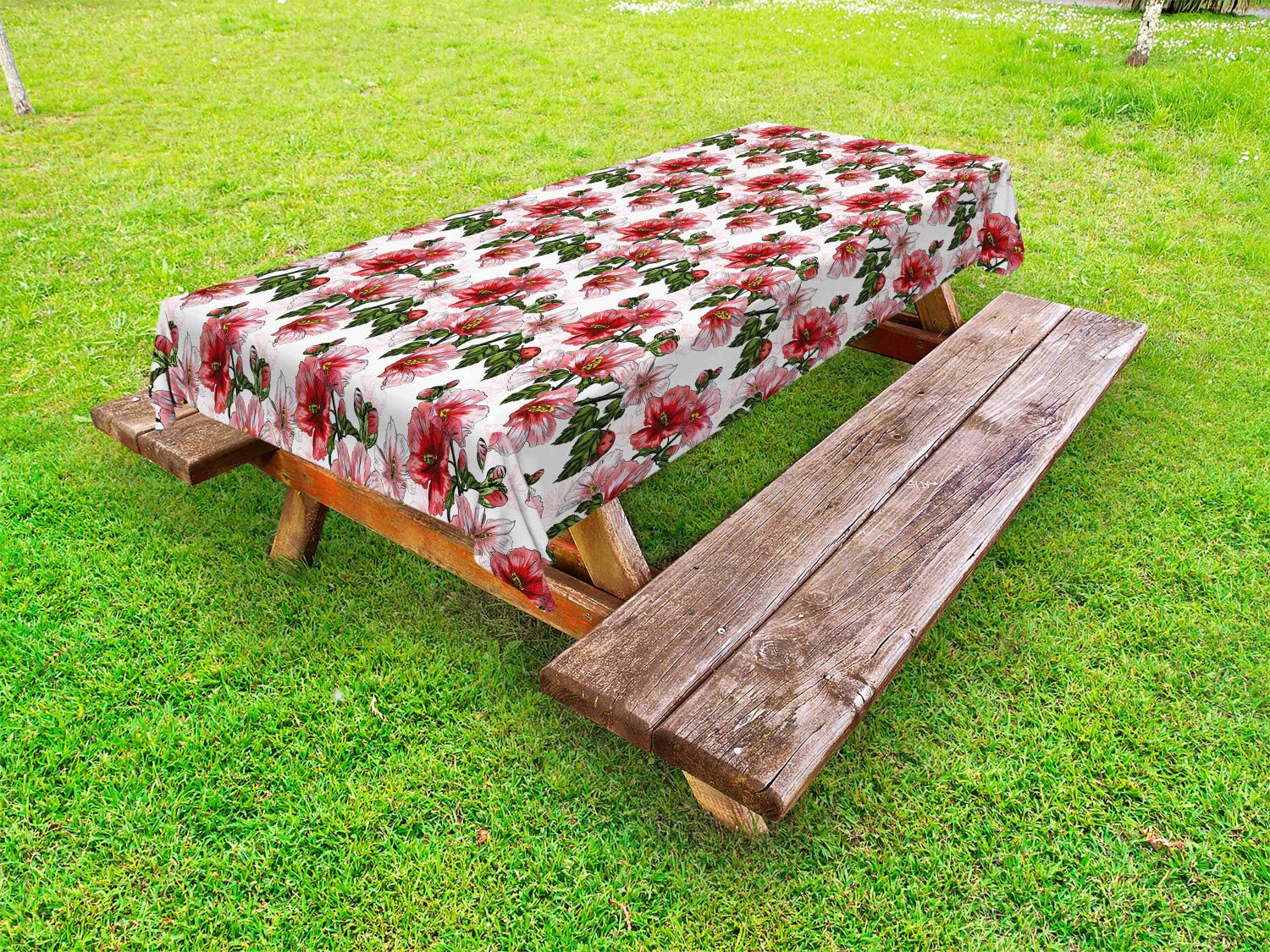 Ambesonne Ladybugs & Exotic Flowers Outdoor Tablecloth - Hawaiian Hibiscus Foliage Spring Blossom Design - Washable Picnic Table Cover 58x84 Inches - Red Coral Green - Perfect for Garden Parties, BBQs & Outdoor Dining