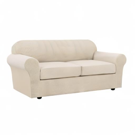 H.VERSAILTEX 3-Piece Stretch Sofa Cover Set for 2-Cushion Couches - Thick Jacquard Fabric Slipcover with Base & Seat Covers (Natural, Large) - Perfect for Living Room, Family Room & Home Decor Protection