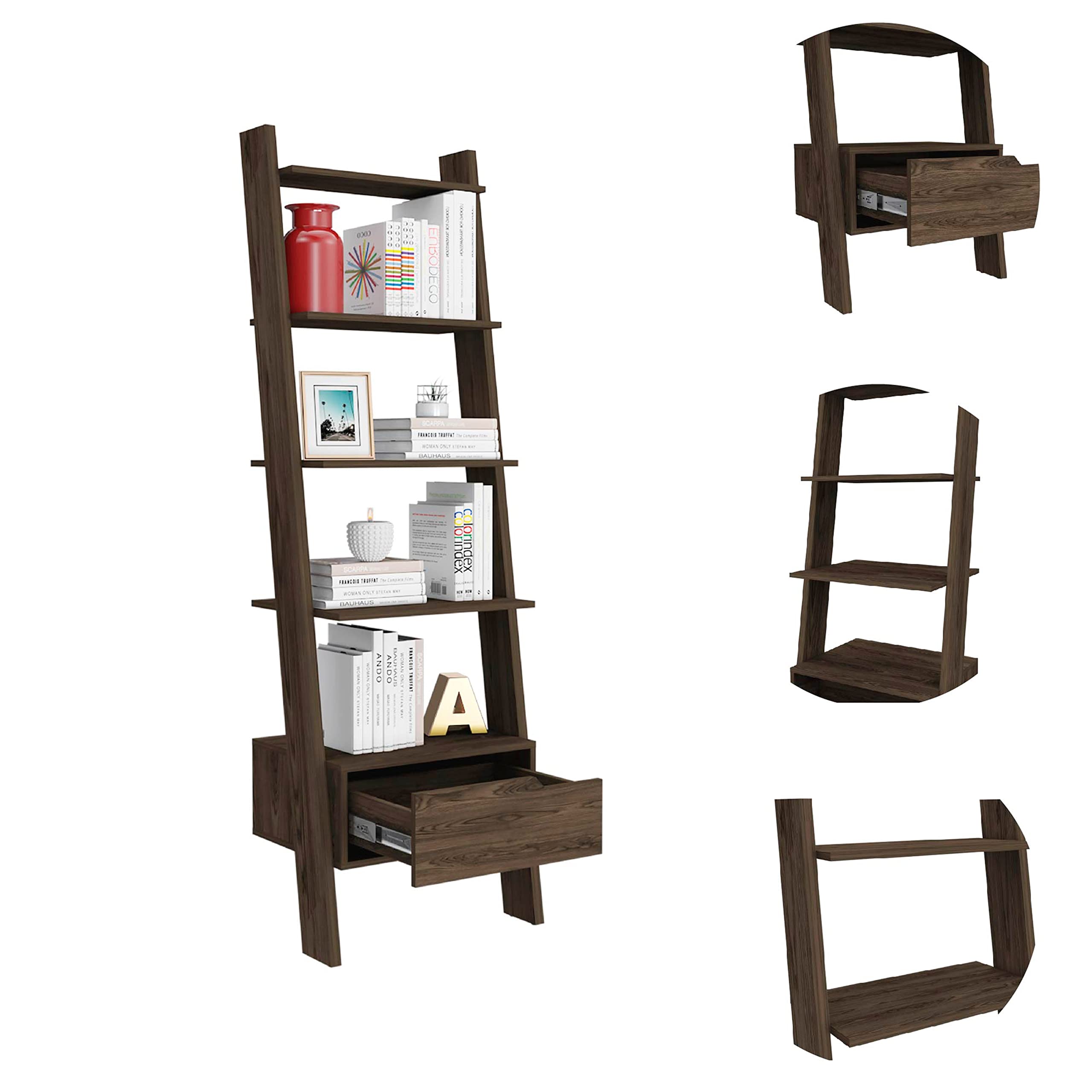 5-Tier Hamburg Ladder Bookcase with Open Shelves & Storage Drawer - Dark Walnut Finish for Living Room, Bedroom, or Home Office Organization