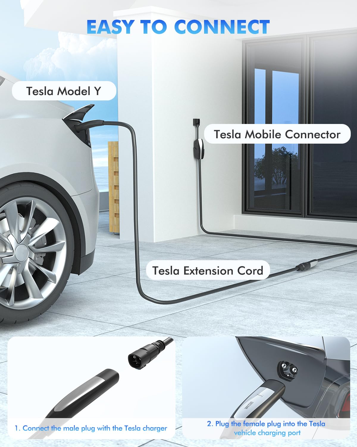 50Amp 21ft NACS EV Charger Extension Cable - 240V 12kW Tesla Charger Extension Cord for Model Y/X/3/S/Cyber-truck - Compatible with Level 1/2 Tesla Mobile & Wall Connectors - Perfect for Home, Garage & Road Trip Charging