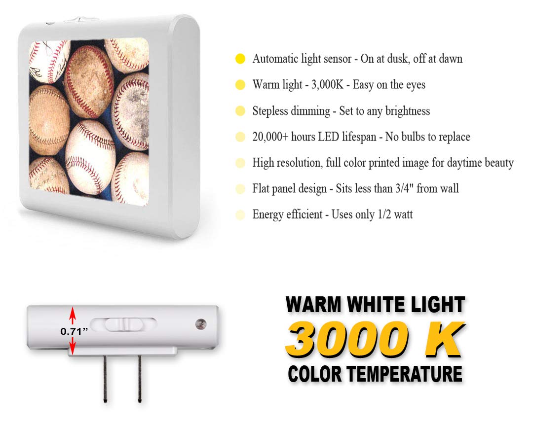 Dimmable LED Night Light with Auto On/Off Sensor, Adjustable Brightness & Warm White Light - Perfect for Bathroom, Hallway, Nursery, Kids Room & Bedroom - Baseball Design for Home Safety & Comfort