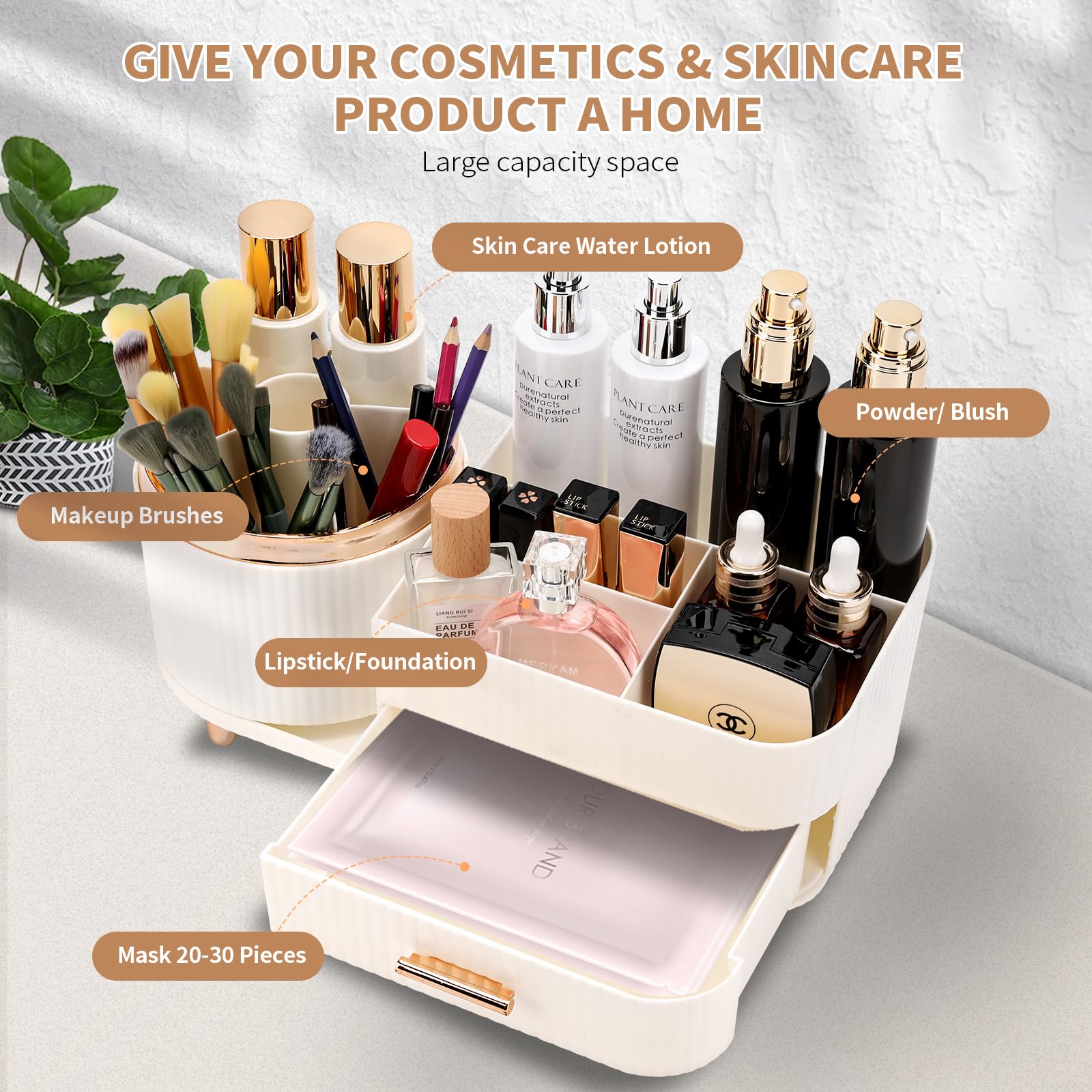 Vanity Makeup Organizer with Drawers - Cosmetic Display Case for Makeup, Skincare, Brushes & Lipsticks - White Storage Solution for Bathroom Countertop & Dressing Table Organization