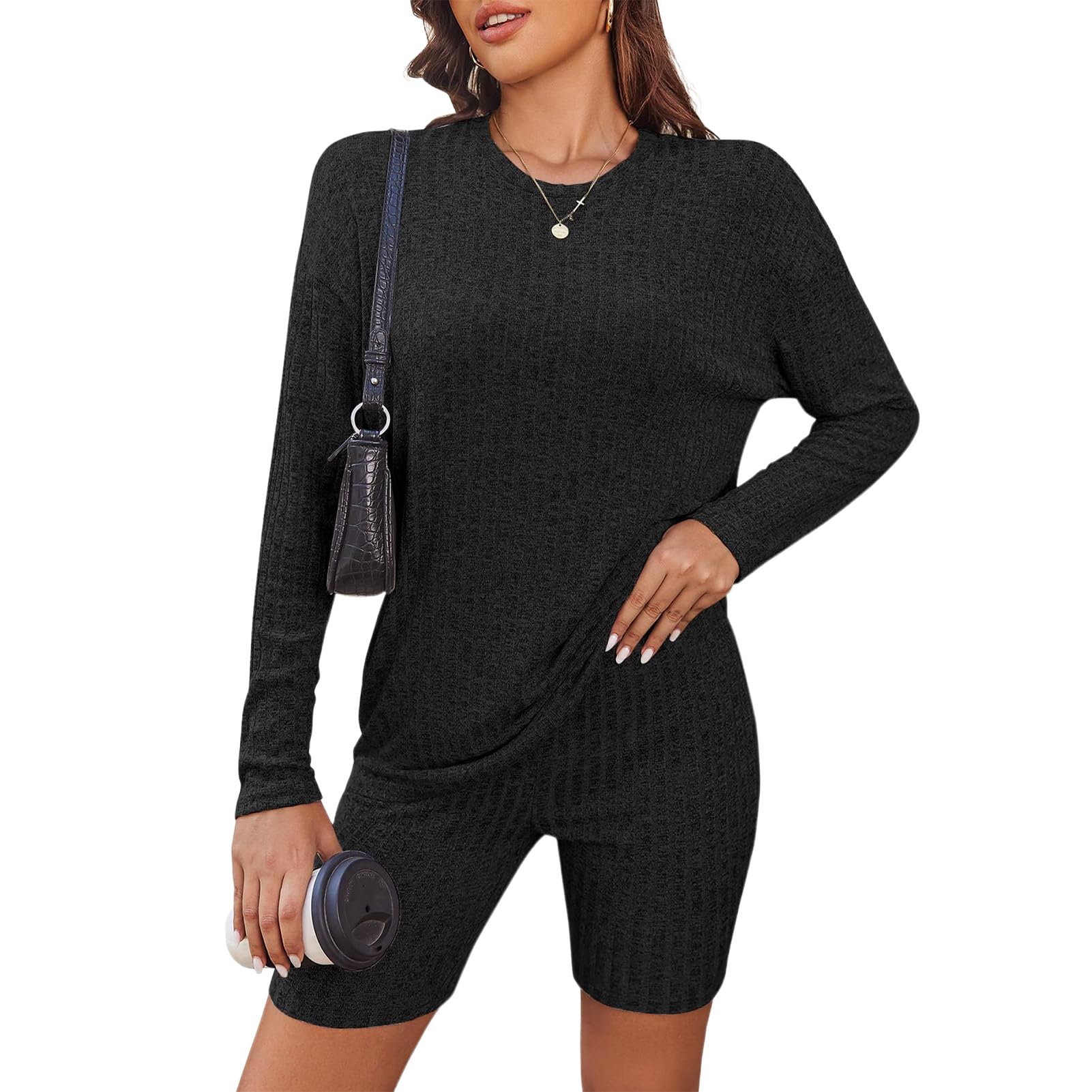 **Azazaza Women's 2-Piece Ribbed Lounge Set - Oversized Short Sleeve Top & Cycling Shorts - Gym, Tracksuit, Loungewear & Pajama Set for Summer Comfort**    *(Perfect for workouts, lounging at home, or casual outings!)*