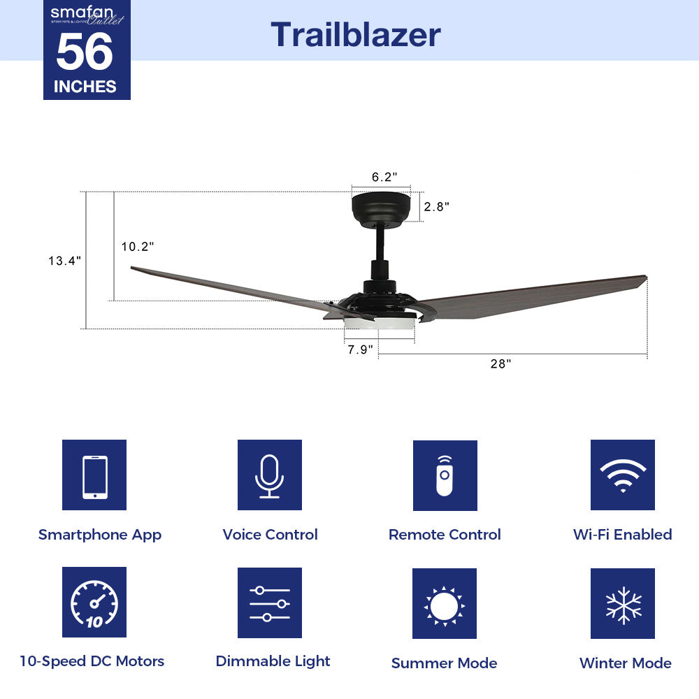 Trailblazer 56 Inch Smart Ceiling Fan with LED Light & Remote Control - Perfect for Outdoor Patio, Deck, and Backyard Relaxation