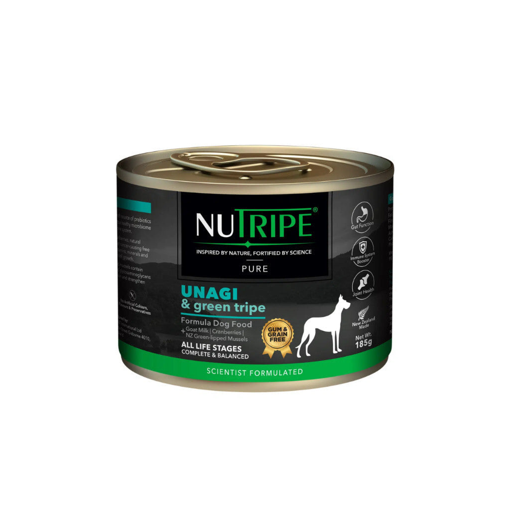 Nutripe Pure Grain-Free Wet Dog Food - 185g Unagi, Green Tripe, Salmon, Chicken, Lamb & Beef Recipe | High Protein, Gum-Free Nutritious Meal for Adult Dogs | Perfect for Sensitive Stomachs & Picky Eaters