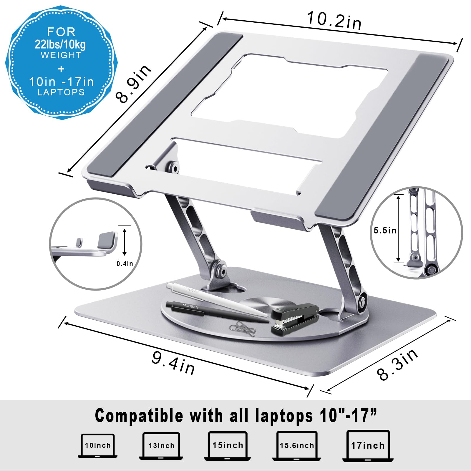DUCHY 360° Adjustable Laptop Stand - Ergonomic Heavy Duty Portable Holder for MacBook Air/Pro & All Laptops up to 17 Inches, Silver - Perfect for Home Office, Gaming, and Travel