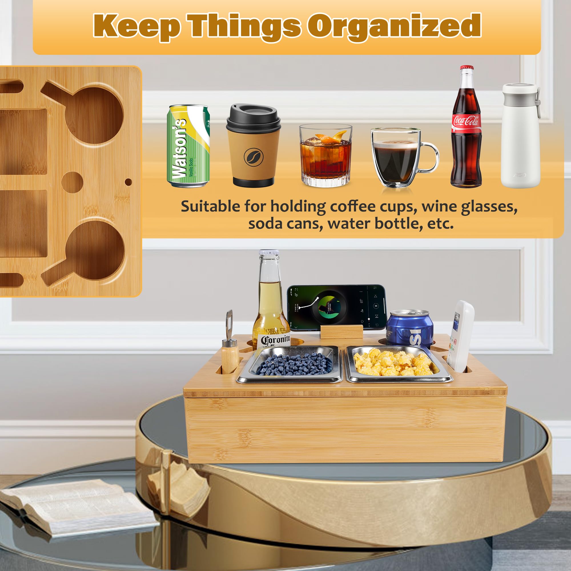 IKER Wooden Couch Cup Holder & Snack Tray - Rotatable Phone Stand, Anti-Spill Drink Holder for Sofa, Bed, Car - Perfect for Movie Nights, Road Trips & Relaxing with Snacks & Drinks