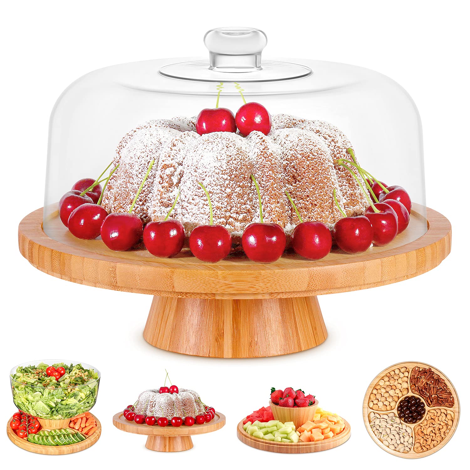Homeries 6-in-1 Bamboo Cake Stand with Lid - Multi-Functional Serving Platter & Cake Display Stand with Dome - Perfect for Weddings, Birthday Parties, Dessert Buffets & Home Baking Display
