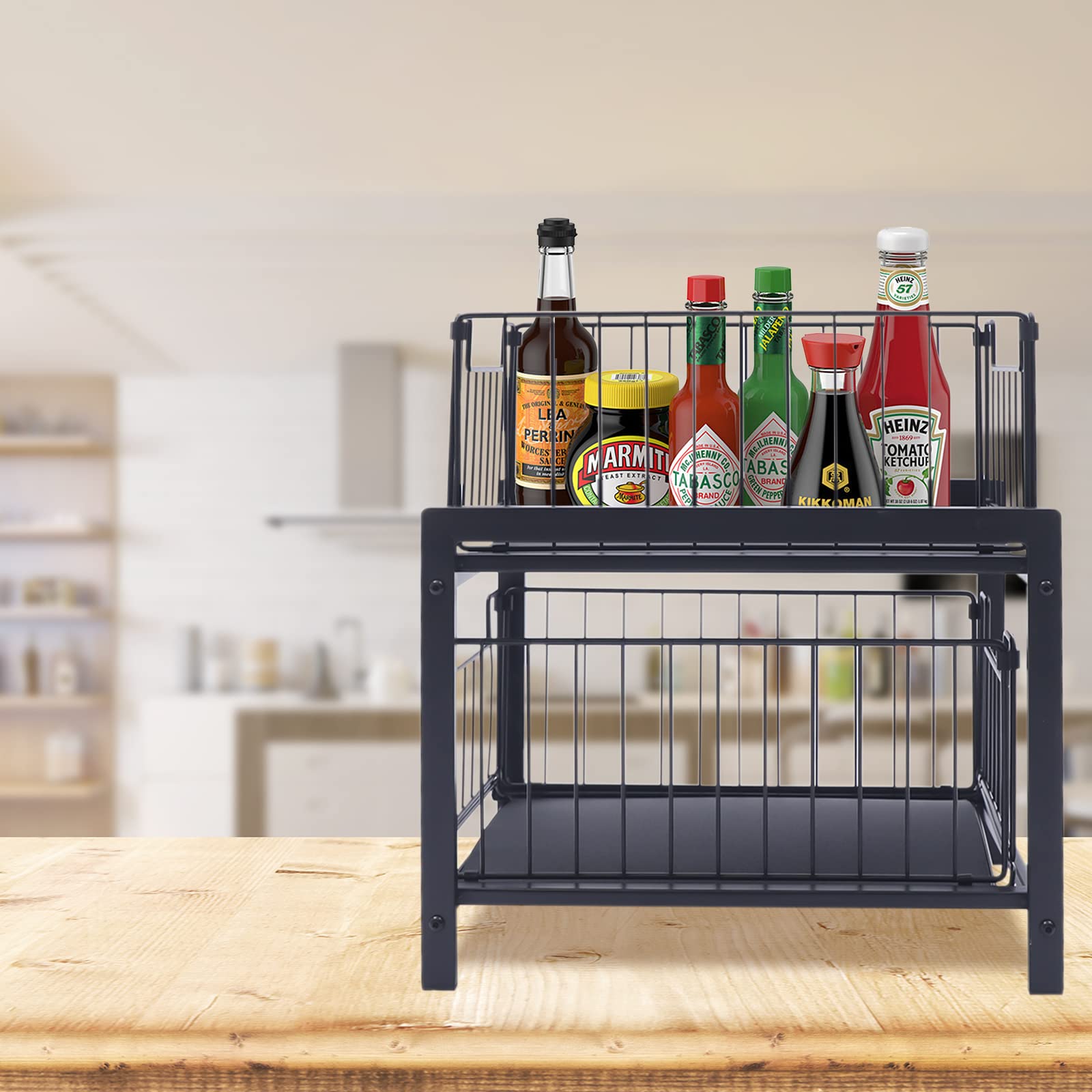LOYALHEARTDY 2-Tier Under Sink Organizer with Pull-Out Basket - Kitchen & Bathroom Storage Solution