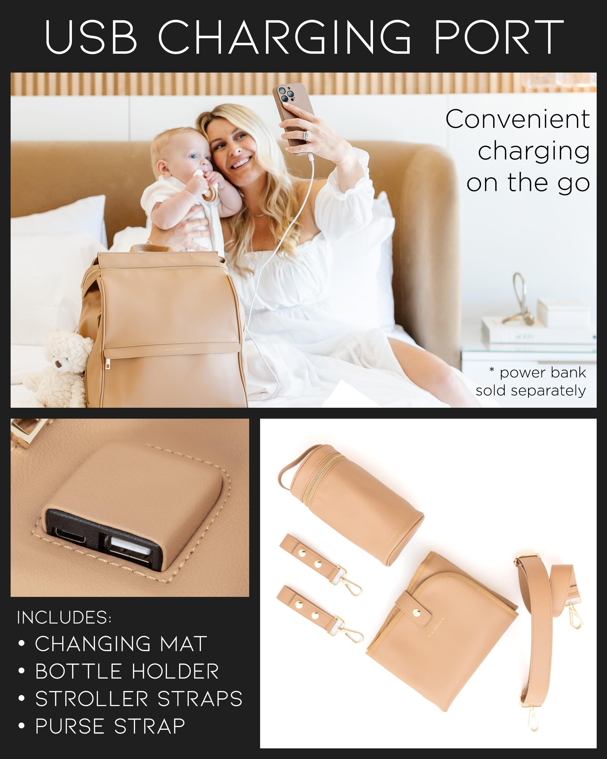 Premium Leather Diaper Bag Backpack with USB Charging Port, Insulated Bottle Pockets & Stroller Straps - Includes Changing Pad (Sophia Brown) | Perfect Baby Shower Gift & Hands-Free Parenting Essential for Travel, Park Outings & Daily Use