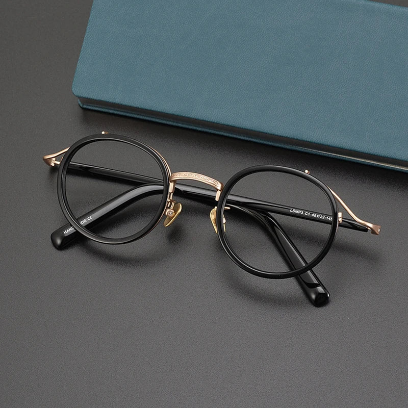 Stylish Unisex Black Titanium Acetate Round Eyeglasses - Full Rim Big Frame (Model 982027) | Perfect for Reading, Work & Fashion Accessories
