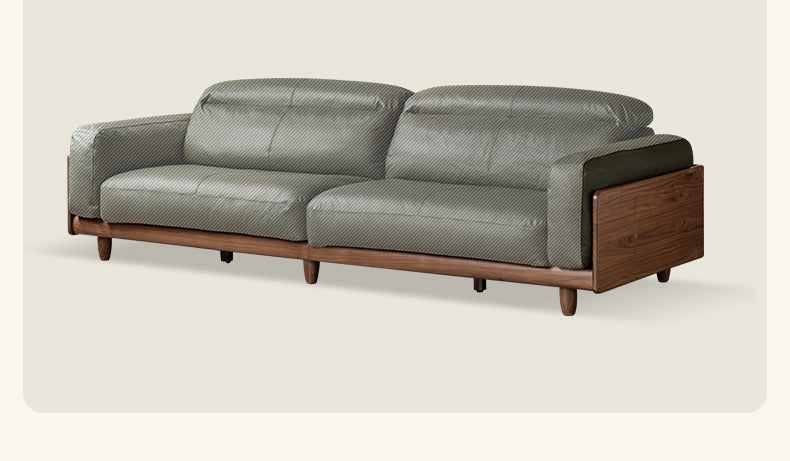 Premium Black Walnut Solid Wood Leather Sofa - Italian Modern Luxury Living Room Furniture for Home & Office Decor