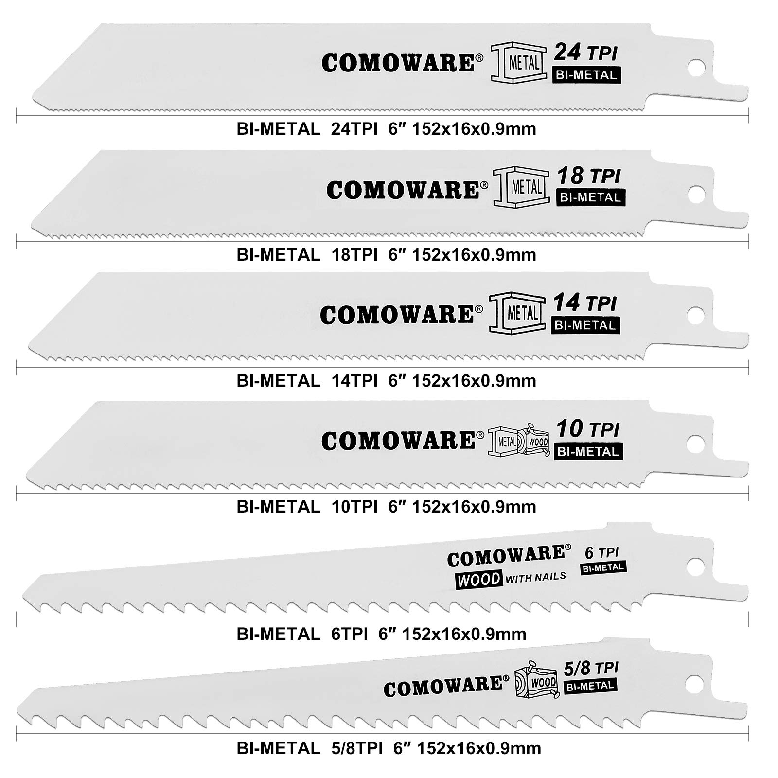 COMOWARE 6Pcs Reciprocating Saw Blades for Metal & Wood Cutting - DIY & Pruning