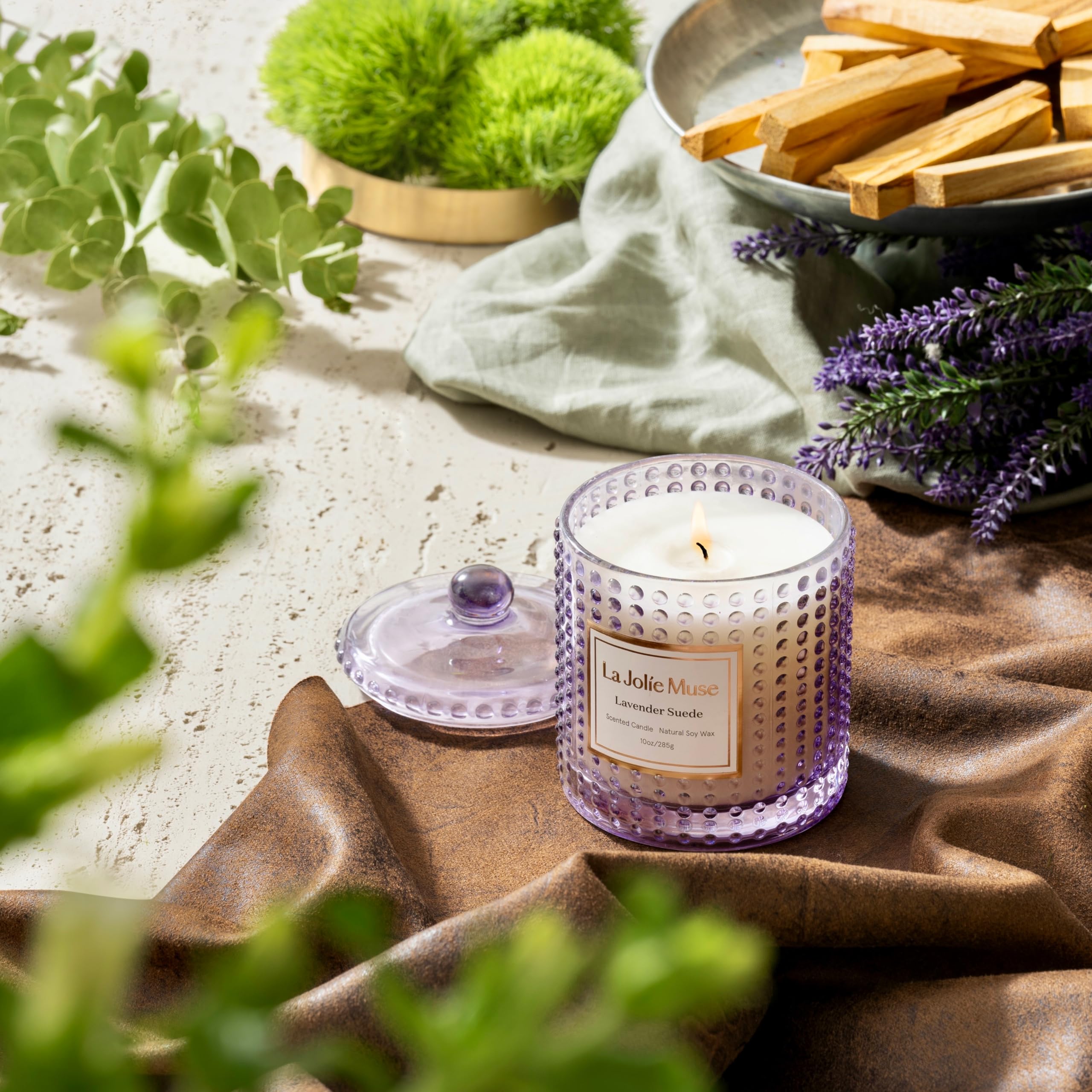 LA JOLIE MUSE Lavender Scented Suede Candle - 10oz Aromatherapy Candle with 75 Hours Burn Time - Perfect Mothers Day Gift, Home Decor & Relaxation Scented Candle for Bedroom, Bathroom and Living Room