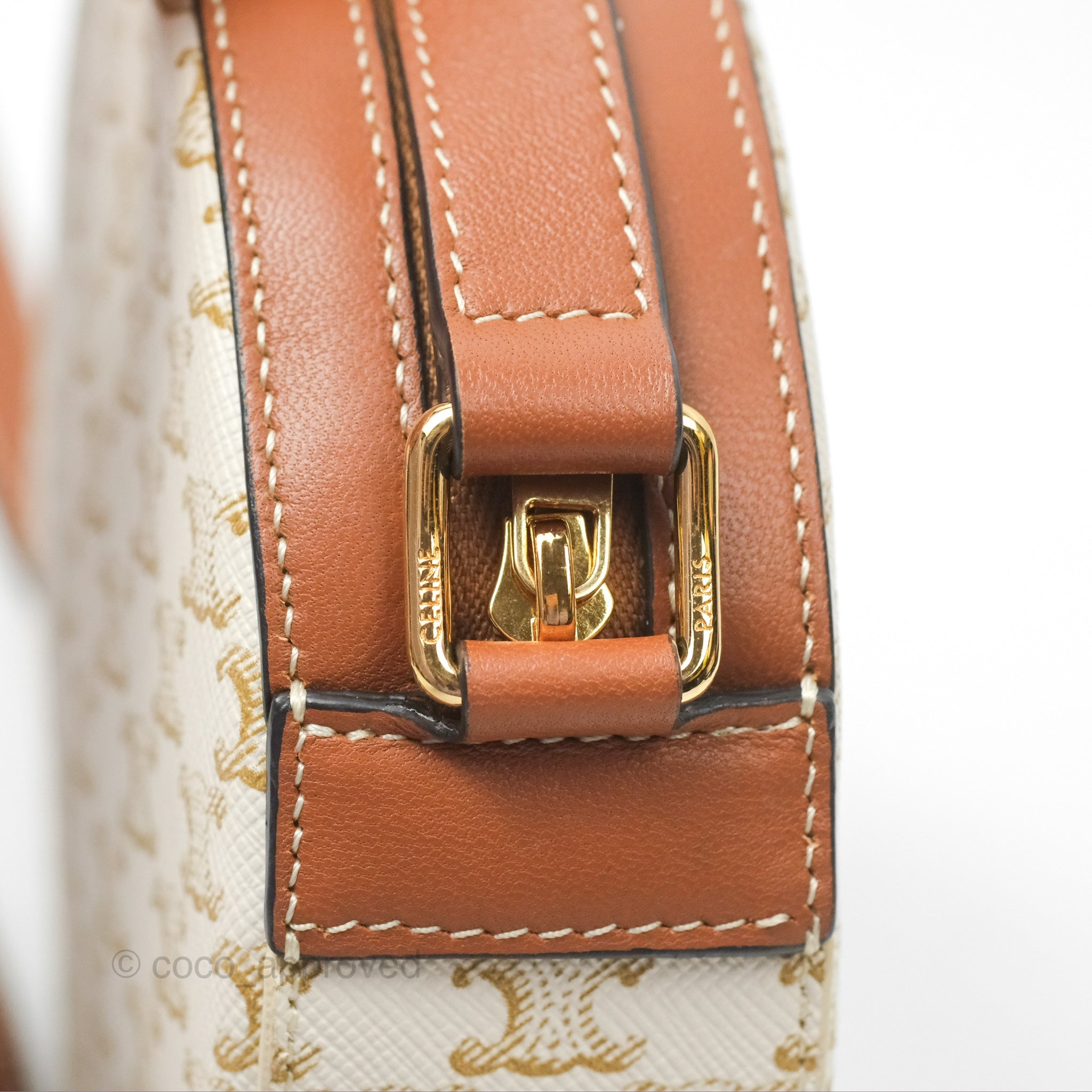Celine Triomphe Canvas Round Crossbody Bag with Strap - White & Tan for Women | Perfect for Everyday Use, Travel, and Casual Outings