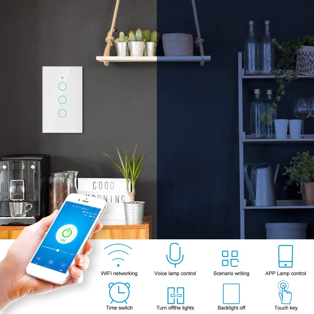 3-Way Smart Light Switch with Remote & Voice Control - Compatible with Google Home & Siri - Wall Mounted Single Circle Design (US White) - Perfect for Home Automation & Smart Lighting Systems