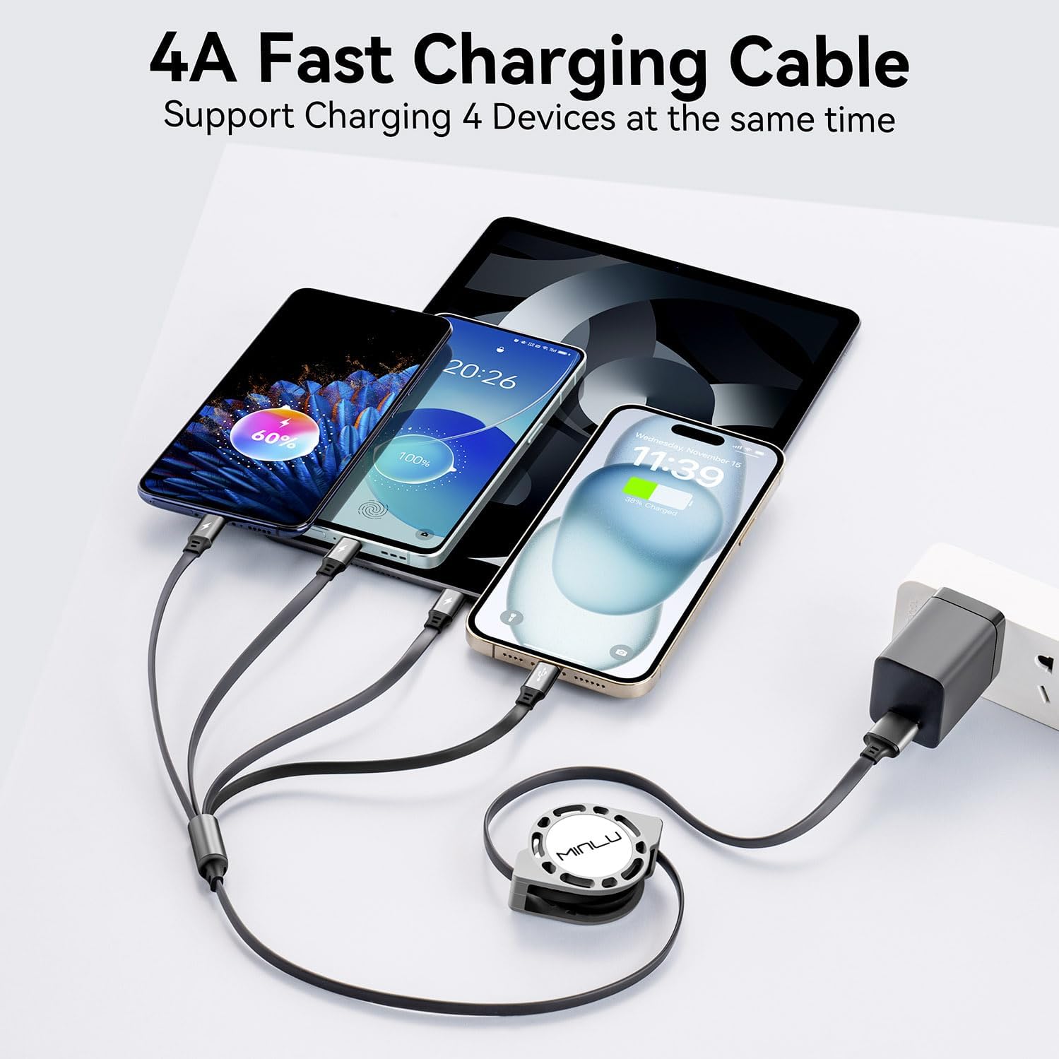 Minlu 4-in-1 Retractable Fast Charging Cable [4A 1.2M] - USB C/Micro/iPhone Compatible Charger for iPhone 16/15/14/13/12/11, Huawei, Galaxy, Pixel, Sony & Tablets | Perfect for Travel, Office & Home Charging