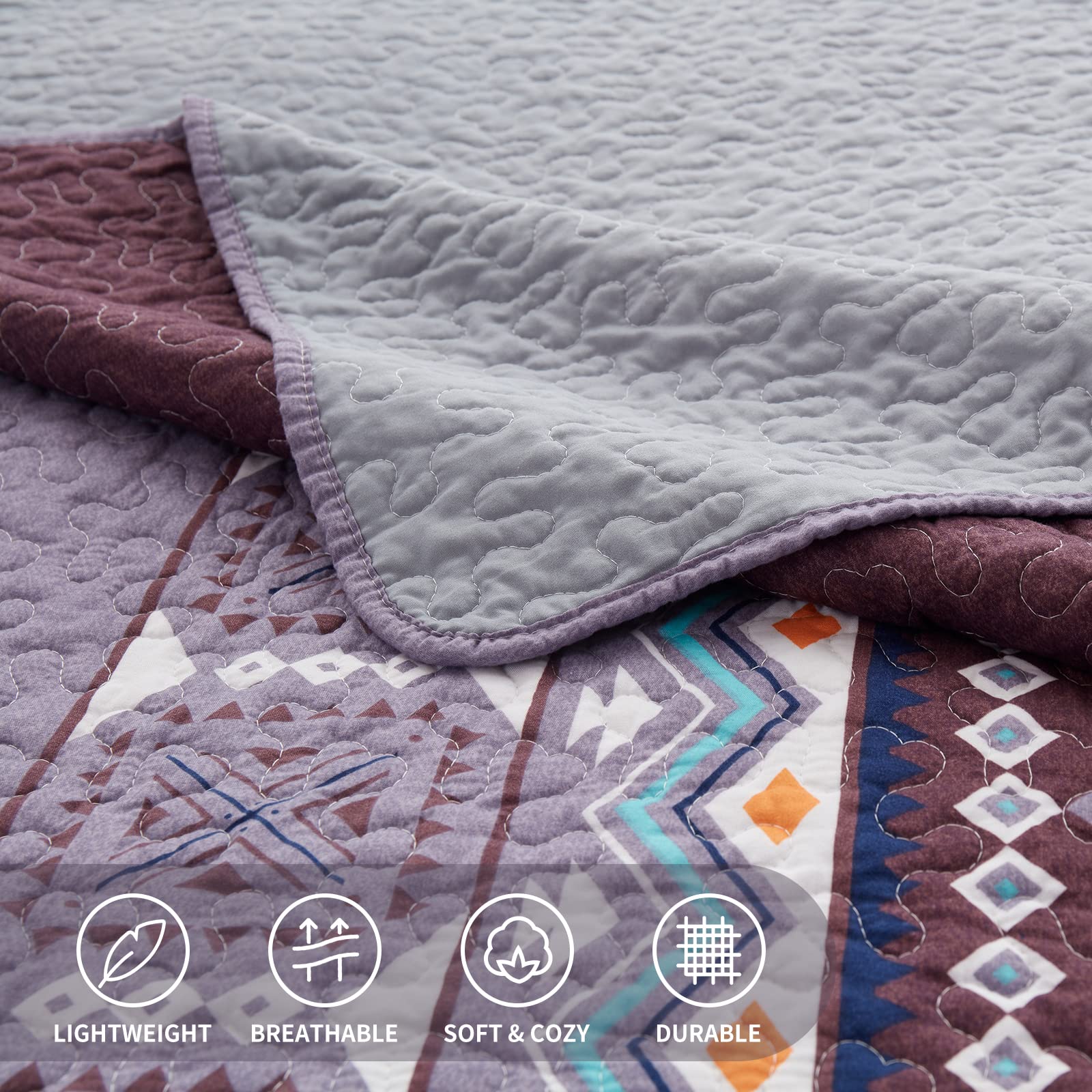 LEAONME Full/Queen Size 3-Piece Quilt Set - Lightweight Reversible Microfiber Bedspread Coverlet & 2 Pillow Shams - All Season Oversized 90x98 Inch Bohemian Purple Bedding | Perfect for Guest Rooms, Master Bedrooms & Bohemian Home Decor