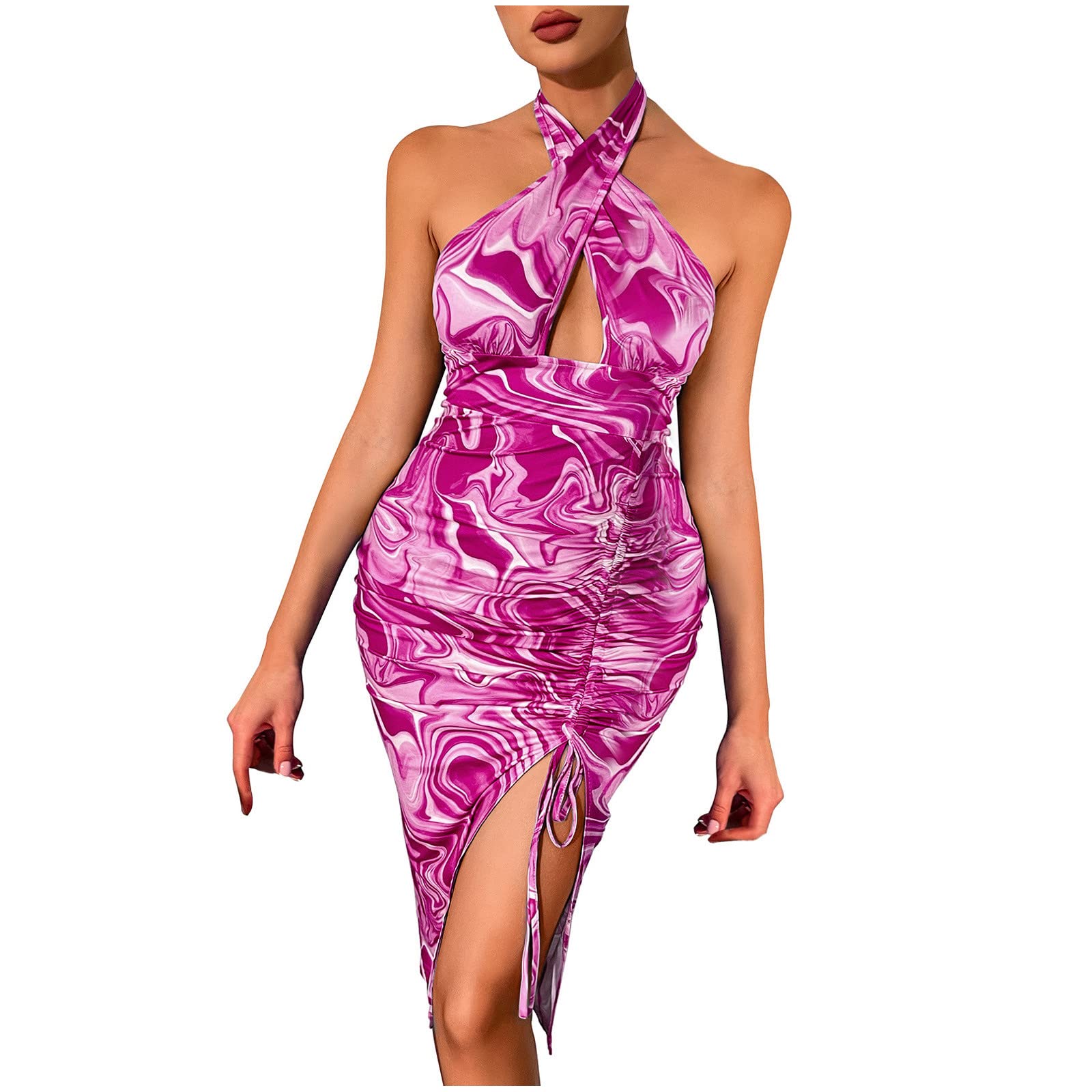 Sexy Women's Bodycon Dress with Side Drawstring & Ruched Detail - Halter Backless Midi Dress, Printed Sleeveless Clubwear for Night Out, Party, Date Night & Special Occasions