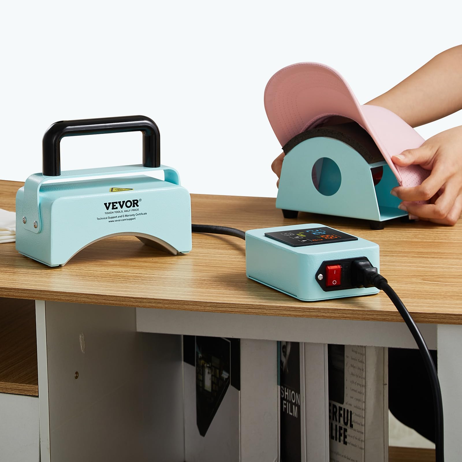 VEVOR Mini Hat Heat Press Machine for Caps - 5.9x3.15 Inch Curved Heating Plate with Safety Base, Glove & Auto Shut-Off - Perfect for Custom Hat Printing, DIY Projects & Small Business Use