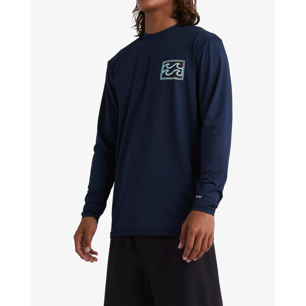 Billabong Men's Long Sleeve Rash Guard - Crayon Wave Loose Fit Surf Shirt for Sun Protection & Water Sports - Navy Blue - Perfect for Surfing, Swimming, and Beach Activities