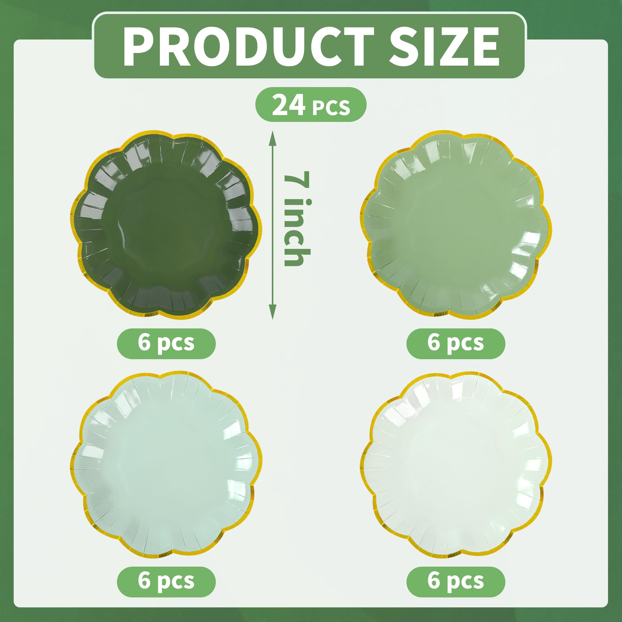 **Elegant Sage Green Disposable Cake Plates - 7 Inch Gold Foil Scalloped Edge Dessert Plates for Birthday, Bridal, Baby Shower & Wedding Party Supplies (24-Pack) - Perfect for Elegant Celebrations & Special Events**