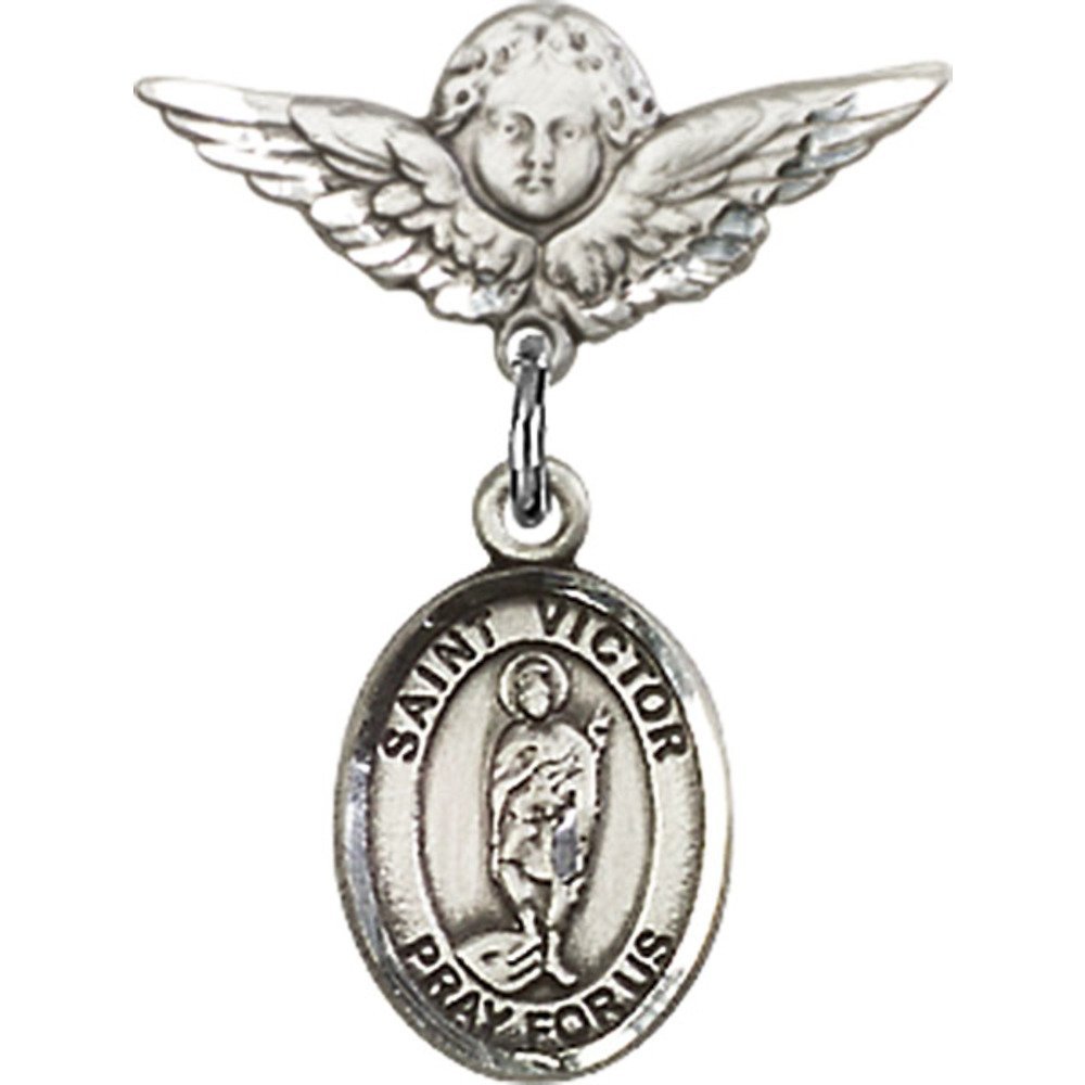 St. Victor of Marseilles Sterling Silver Baby Badge with Angel Wing Charm - 7/8 X 3/4 Inch Religious Pin for Baptism, Christening & First Communion Gifts