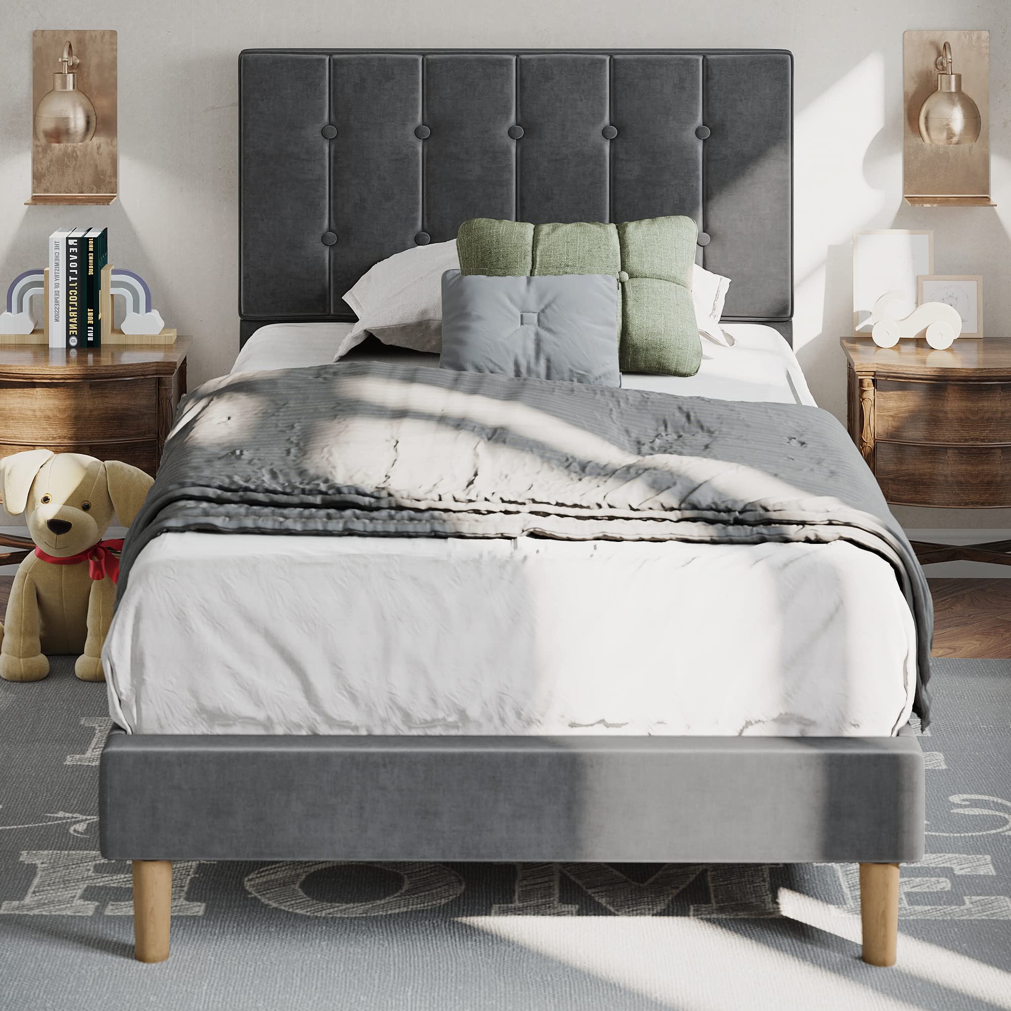 LIKIMIO Twin Bed Frame with Headboard - Velvet Upholstered Platform Bed with Wooden Slats, No Box Spring Needed, Noise Free, Easy Assembly, Grey - Perfect for Small Bedrooms, Guest Rooms & Dormitories