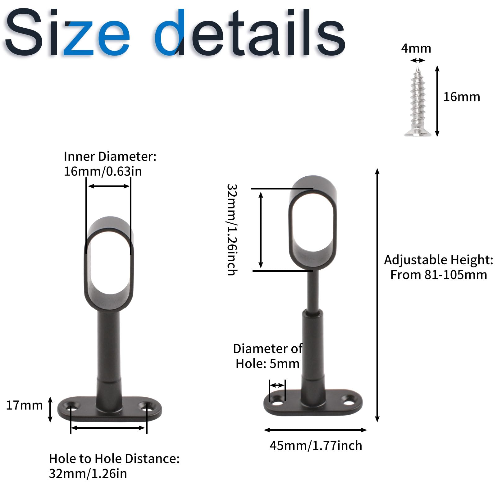 INCREWAY 4-Pack Black Closet Rod Support Brackets - Heavy Duty Zinc Alloy Oval Wardrobe Hanger Rod Ends - Adjustable Hollow Rod Holder for Cabinet, Bedroom, Bathroom Organization - Perfect for Closet Shelving, Garment Rack & Storage Solutions